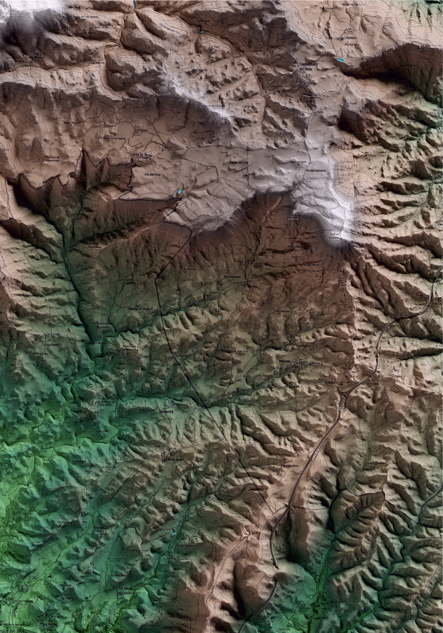 Mapa artístico del relieve de Òdena, al Anoia, con 15 km de entorno y base topográfica ICGC. Detalle de la zona superior derecha.