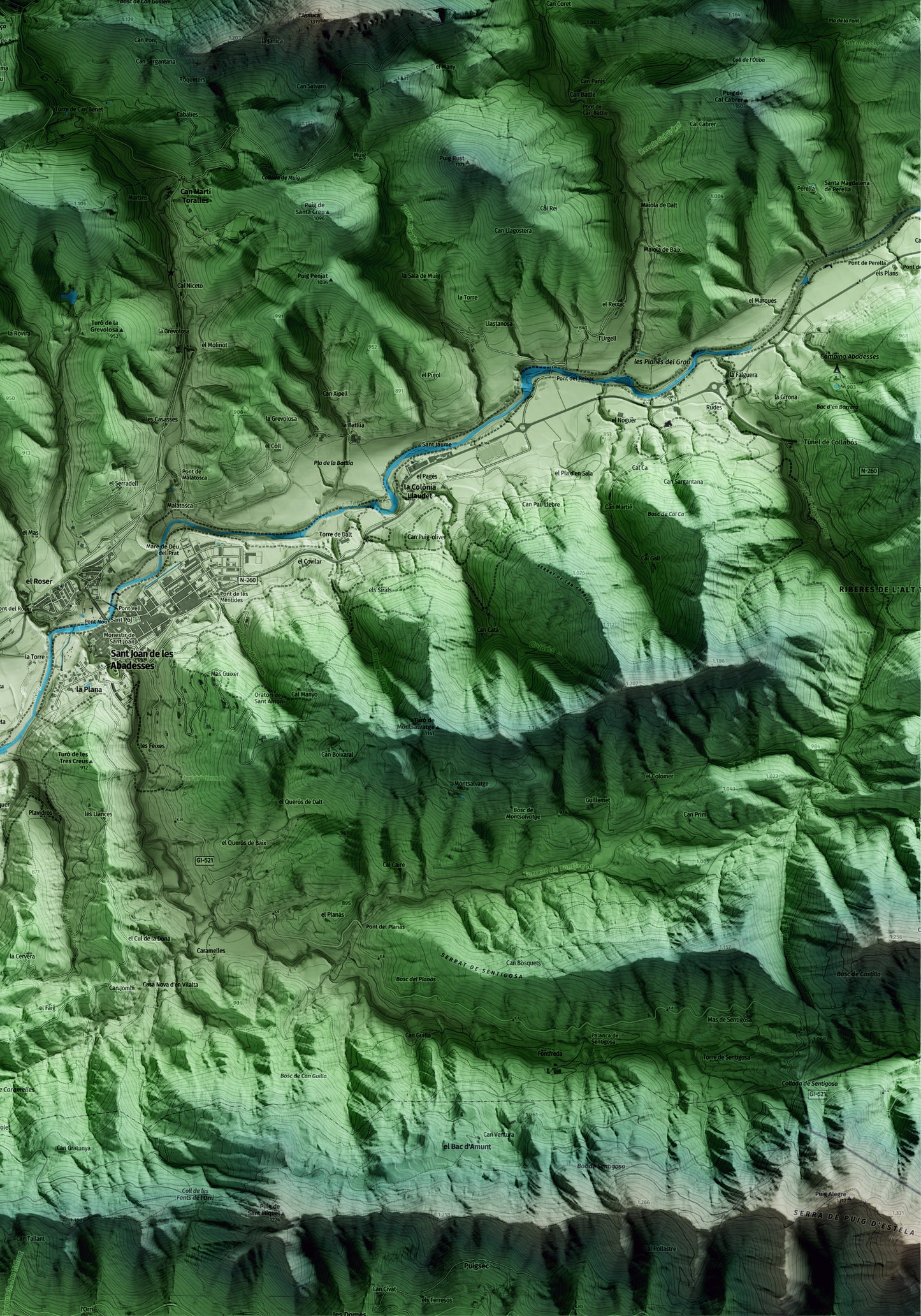 Mapa artístico del relieve de Ogassa, al Ripollès, con 15 km de entorno y base topográfica ICGC. Detalle de la zona inferior derecha.