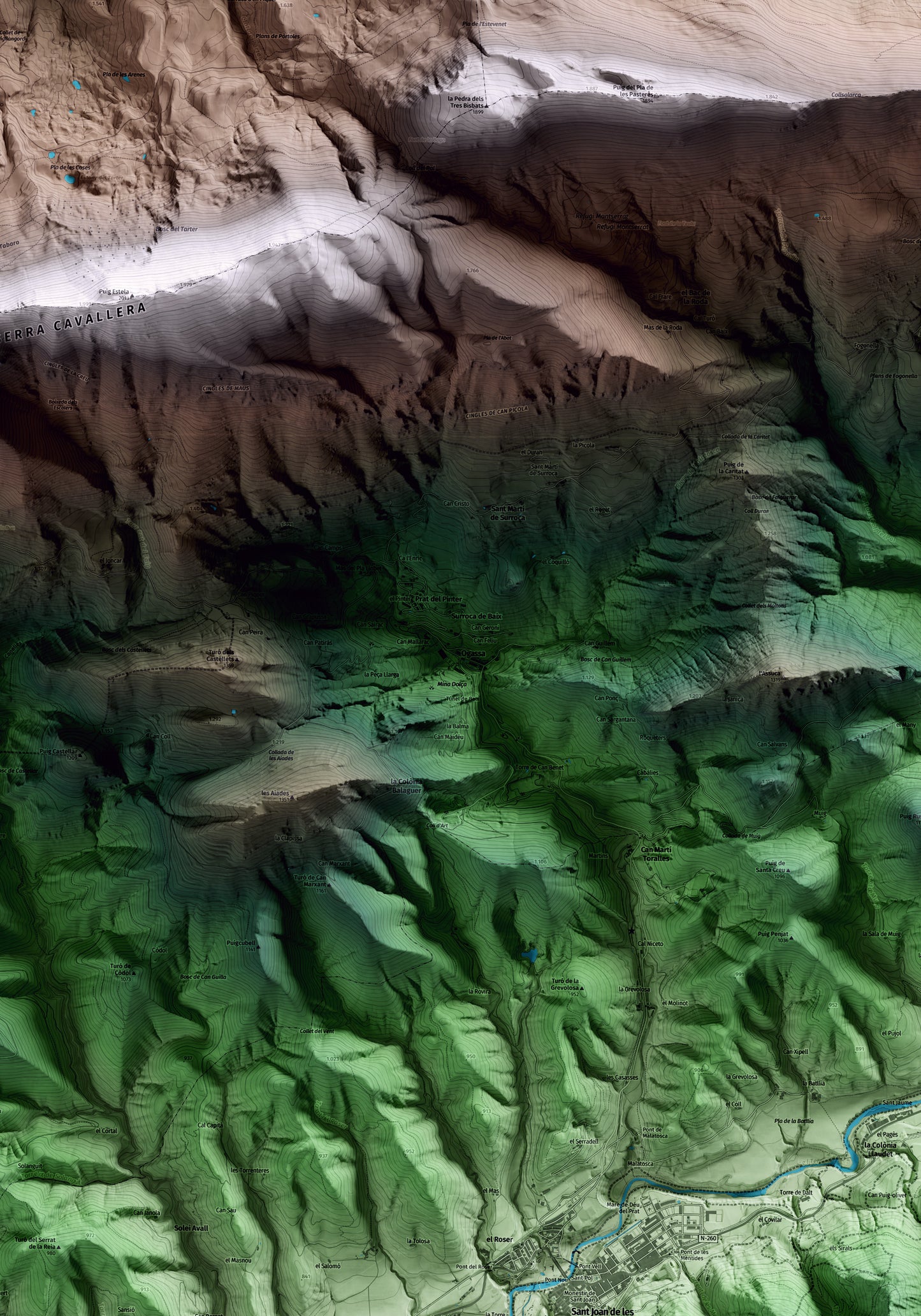 Mapa artístico del relieve de Ogassa, al Ripollès, con 15 km de entorno y base topográfica ICGC. Detalle de la zona central.