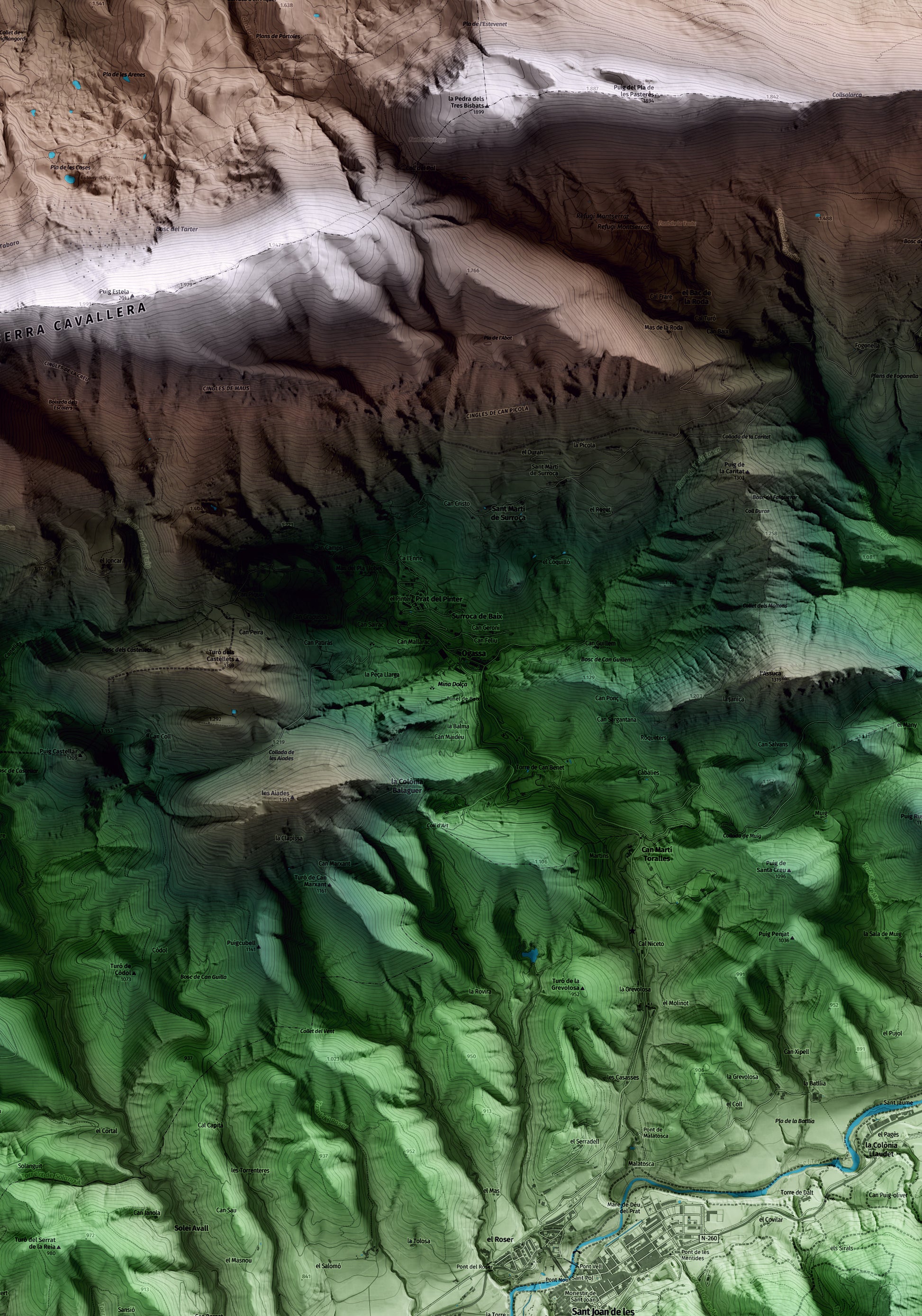 Mapa artístico del relieve de Ogassa, al Ripollès, con 15 km de entorno y base topográfica ICGC. Detalle de la zona central.