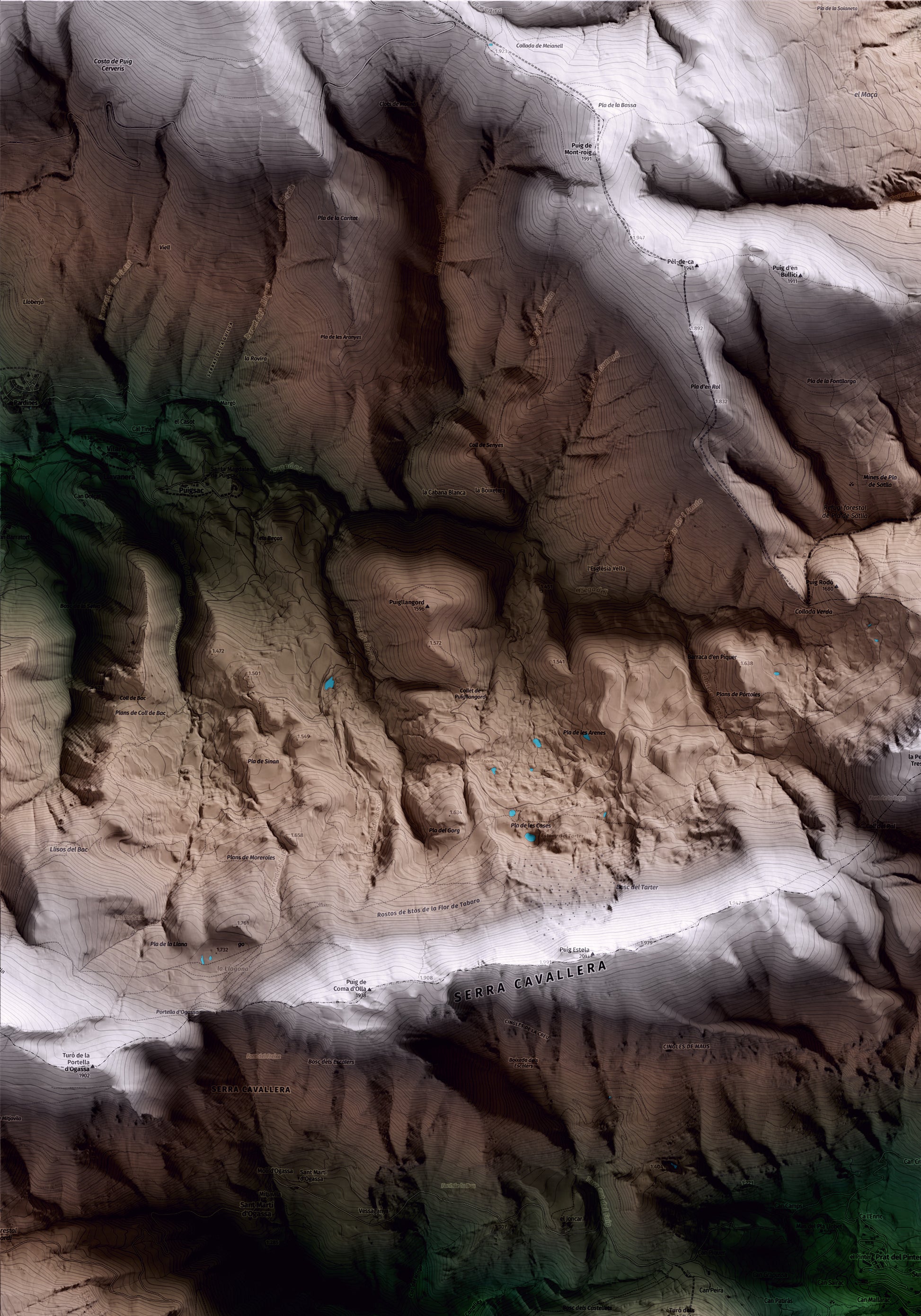 Mapa artístico del relieve de Ogassa, al Ripollès, con 15 km de entorno y base topográfica ICGC. Detalle de la zona superior izquierda.