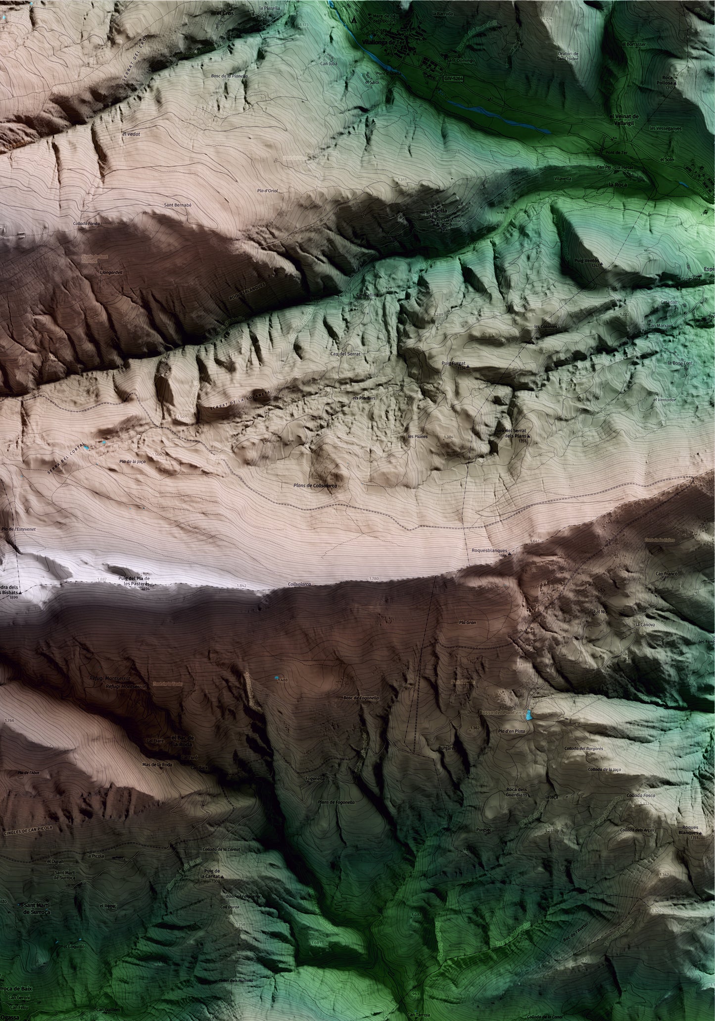 Mapa artístico del relieve de Ogassa, al Ripollès, con 15 km de entorno y base topográfica ICGC. Detalle de la zona superior derecha.