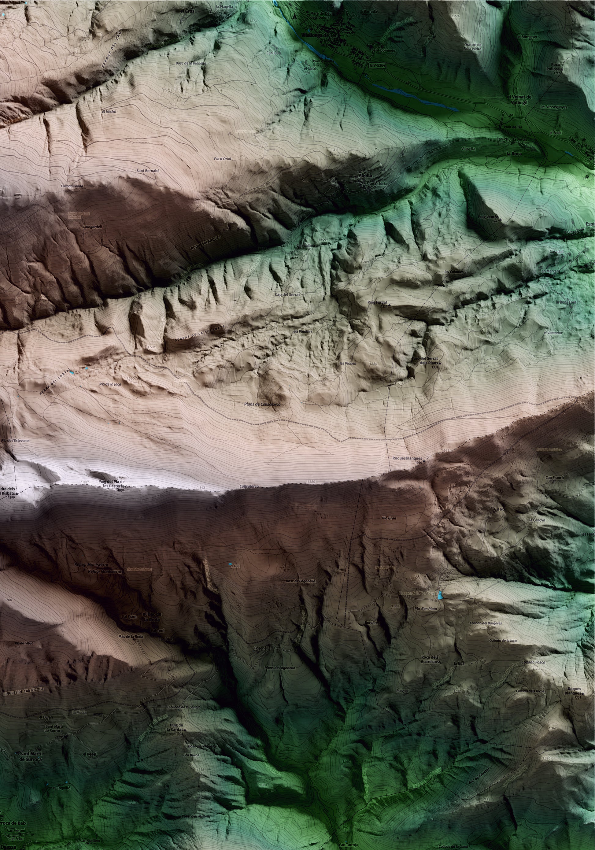 Mapa artístico del relieve de Ogassa, al Ripollès, con 15 km de entorno y base topográfica ICGC. Detalle de la zona superior derecha.