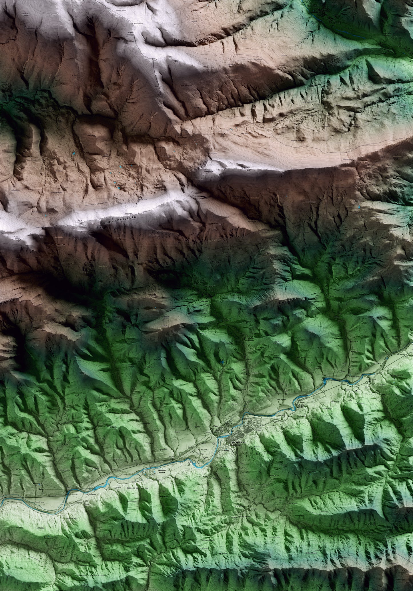 Mapa artístico del relieve de Ogassa, al Ripollès, con 15 km de entorno y base topográfica ICGC