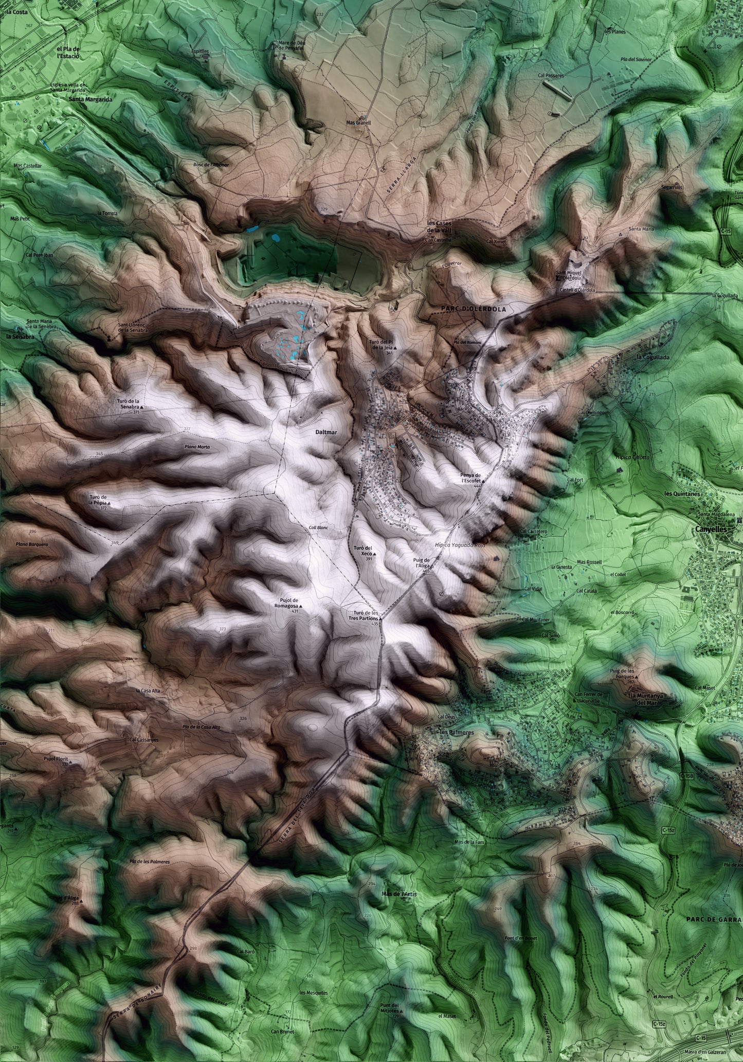 Mapa artístico del relieve de Olèrdola, al Alt Penedès, con 15 km de entorno y base topográfica ICGC. Detalle de la zona inferior izquierda.