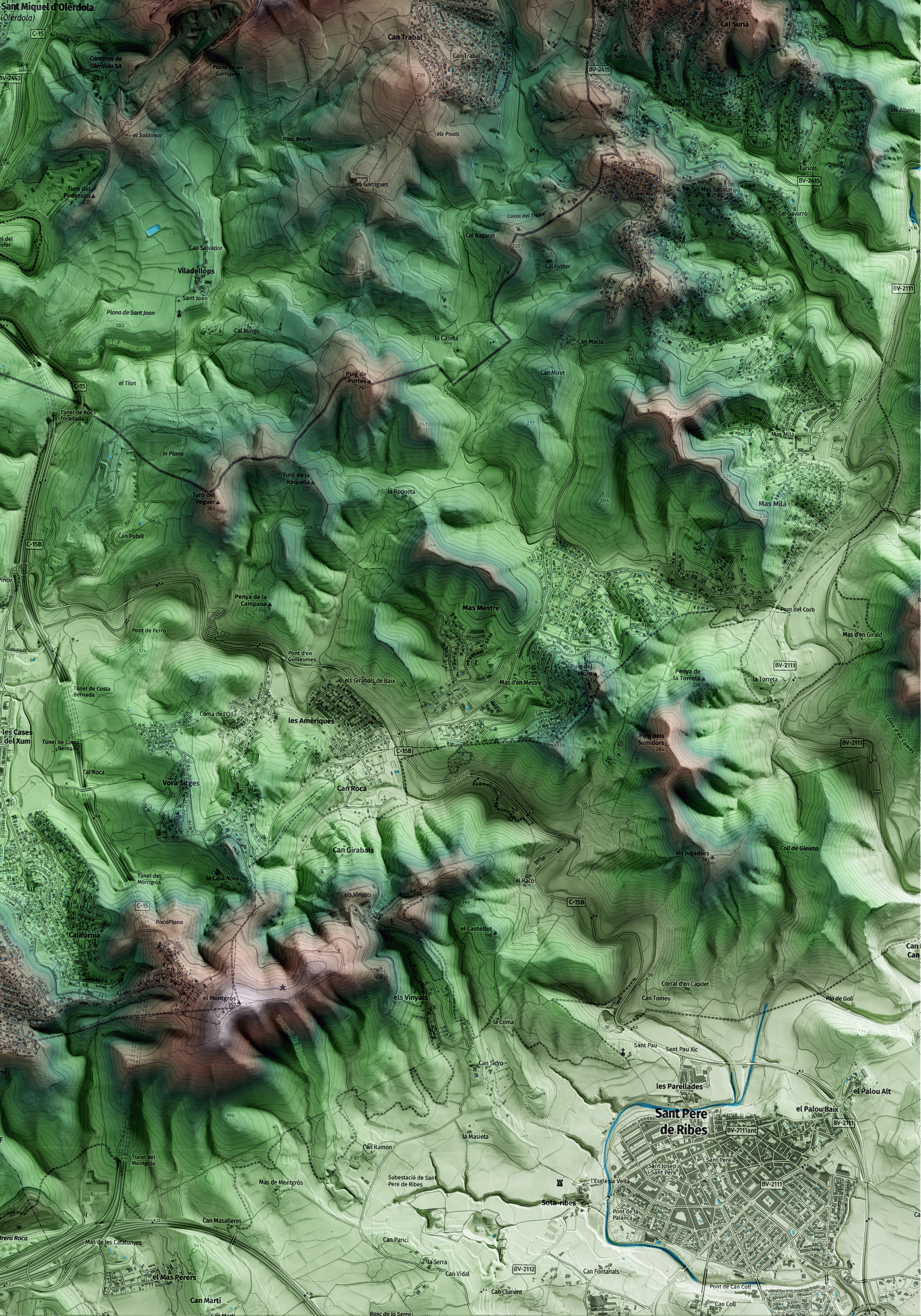 Mapa artístico del relieve de Olèrdola, al Alt Penedès, con 15 km de entorno y base topográfica ICGC. Detalle de la zona inferior derecha.