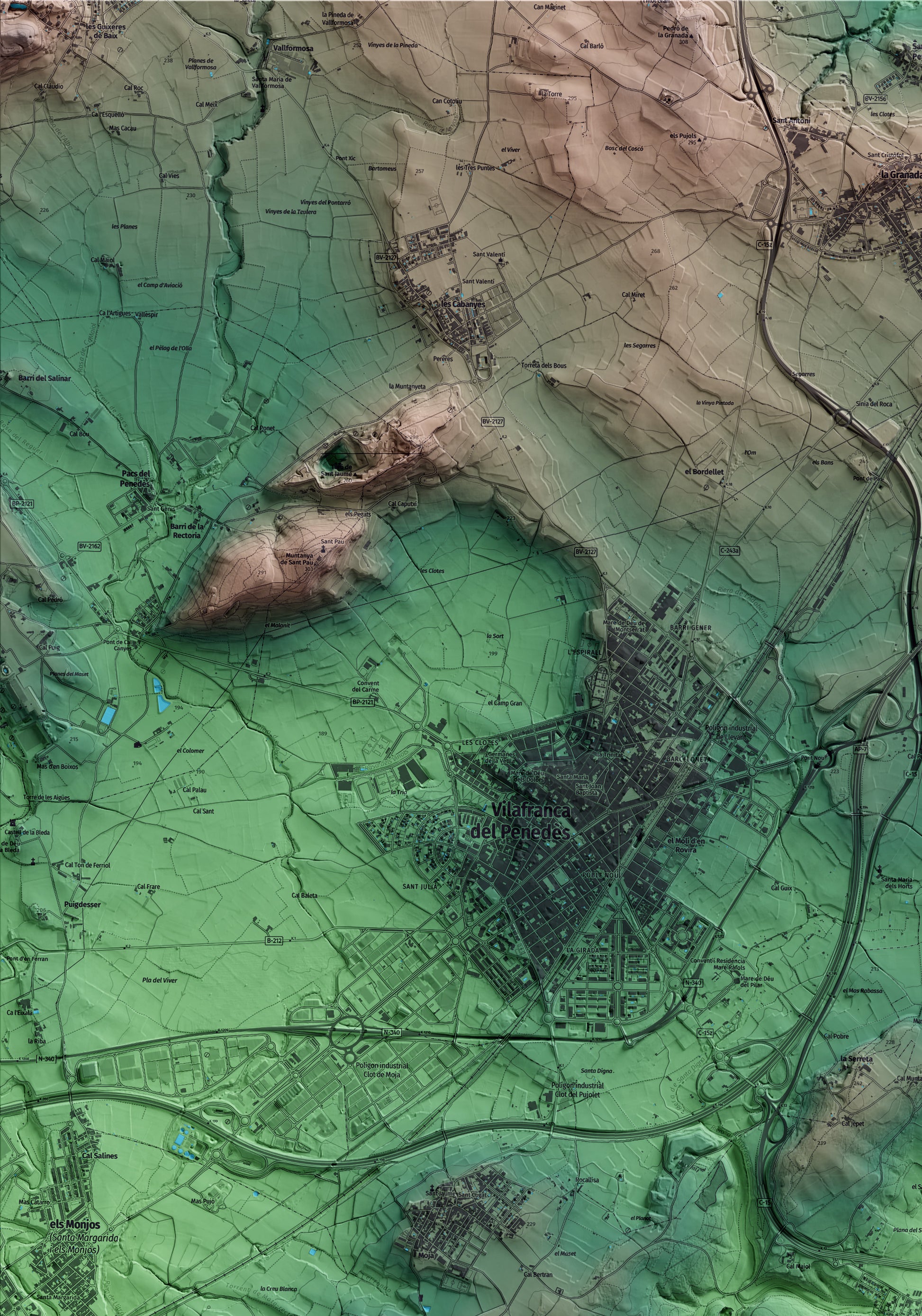 Mapa artístico del relieve de Olèrdola, al Alt Penedès, con 15 km de entorno y base topográfica ICGC. Detalle de la zona superior izquierda.