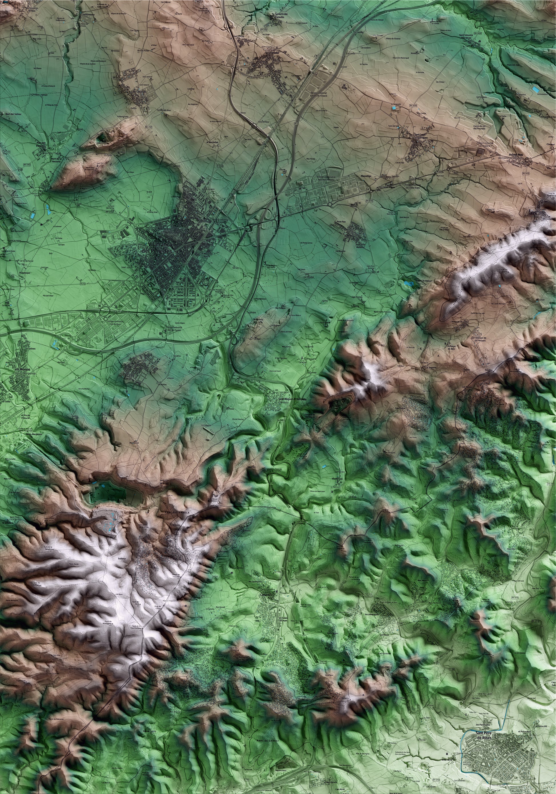 Mapa artístico del relieve de Olèrdola, al Alt Penedès, con 15 km de entorno y base topográfica ICGC