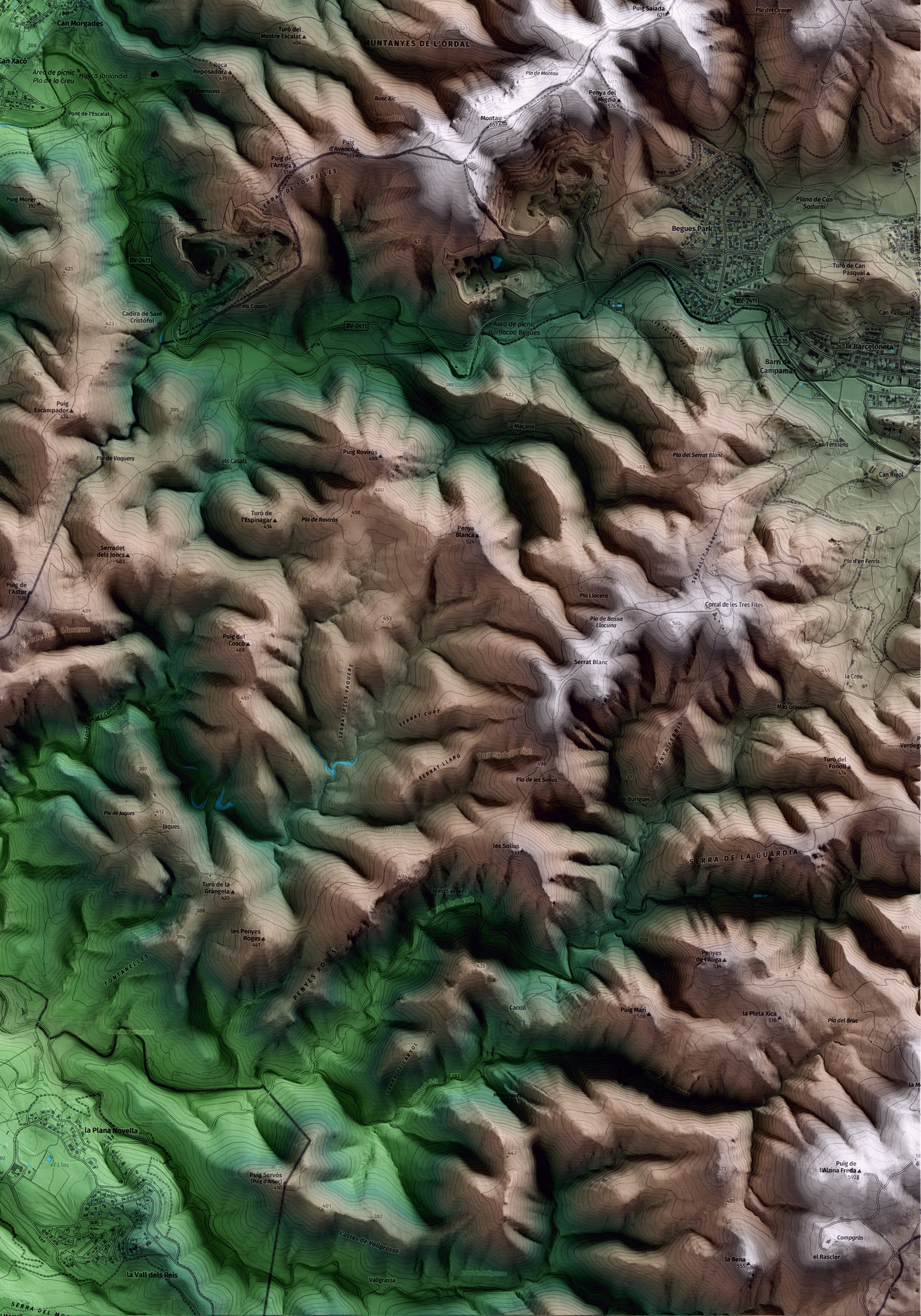 Mapa artístico del relieve de Olesa de Bonesvalls, al Alt Penedès, con 15 km de entorno y base topográfica ICGC. Detalle de la zona inferior derecha.