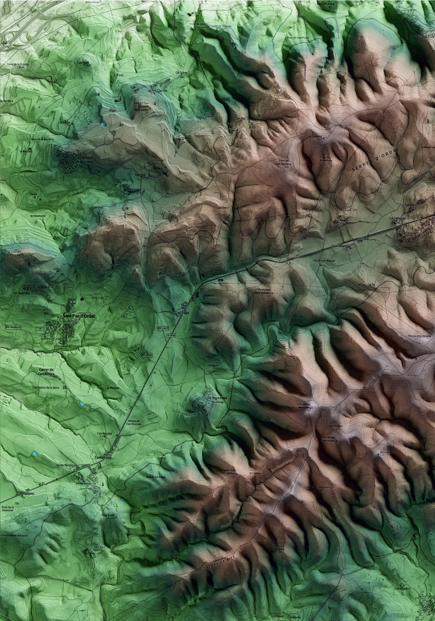 Mapa artístico del relieve de Olesa de Bonesvalls, al Alt Penedès, con 15 km de entorno y base topográfica ICGC. Detalle de la zona superior izquierda.