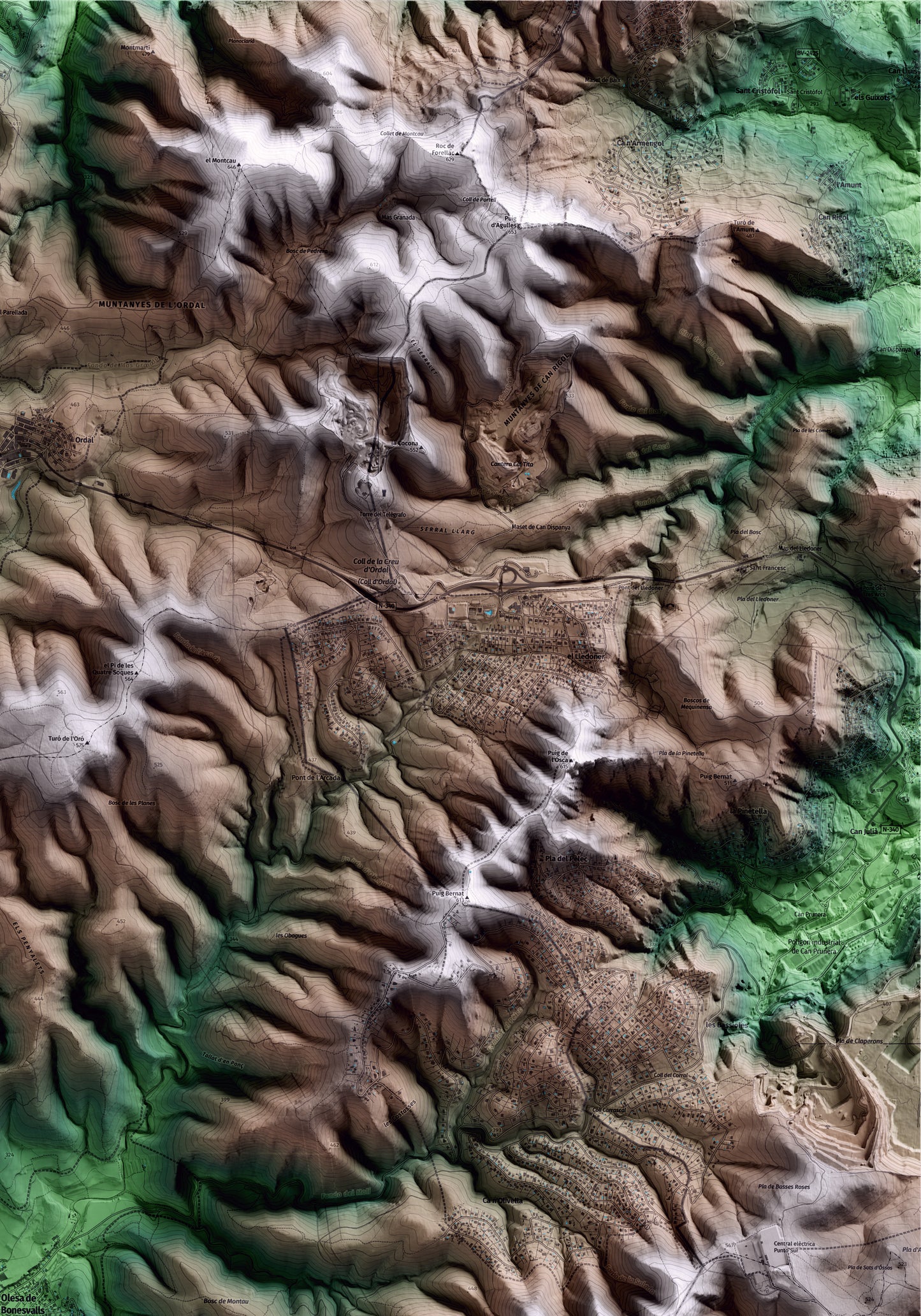 Mapa artístico del relieve de Olesa de Bonesvalls, al Alt Penedès, con 15 km de entorno y base topográfica ICGC. Detalle de la zona superior derecha.