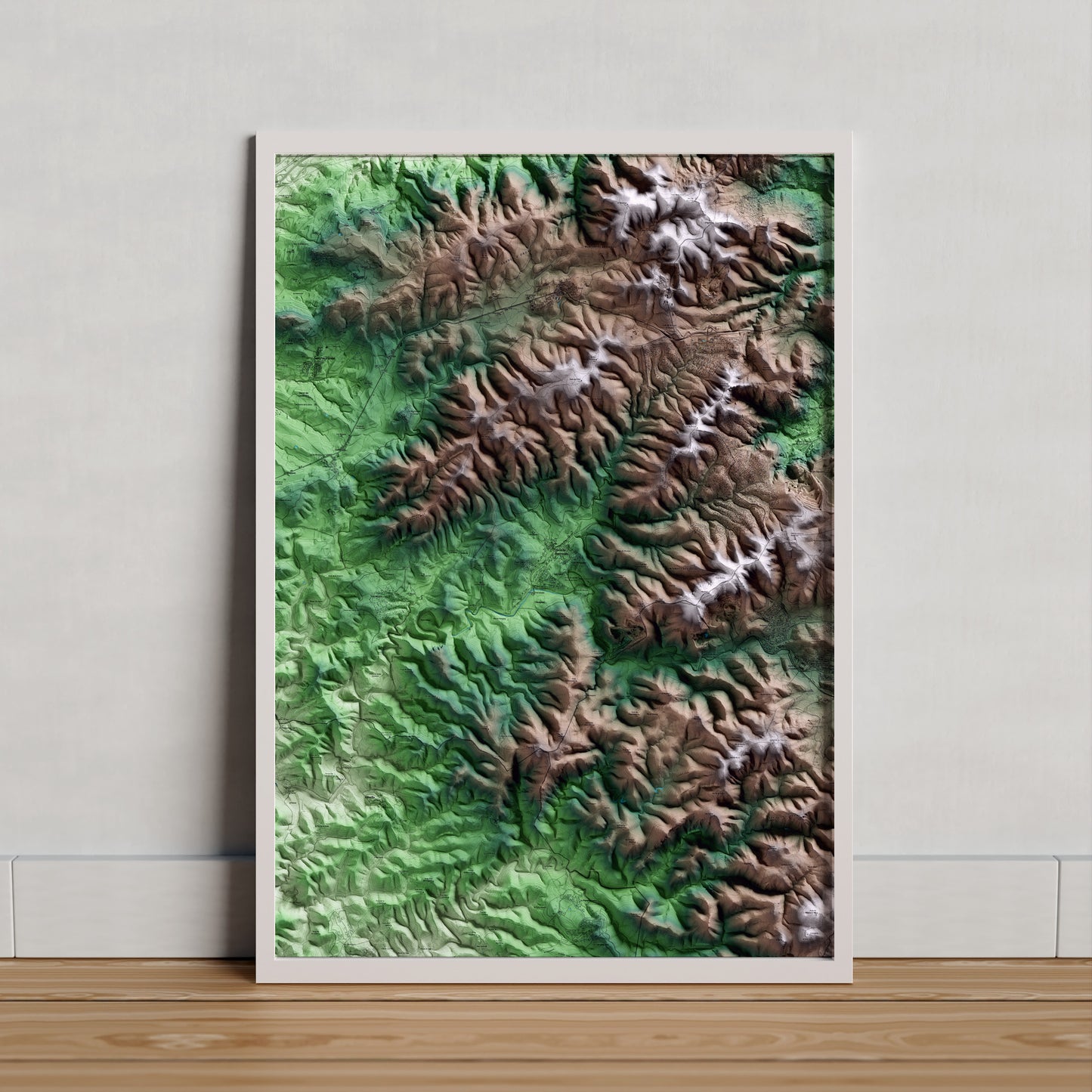 Mapa artístico del relieve de Olesa de Bonesvalls, al Alt Penedès, con 15 km de entorno y base topográfica ICGC. Presentación enmarcada.