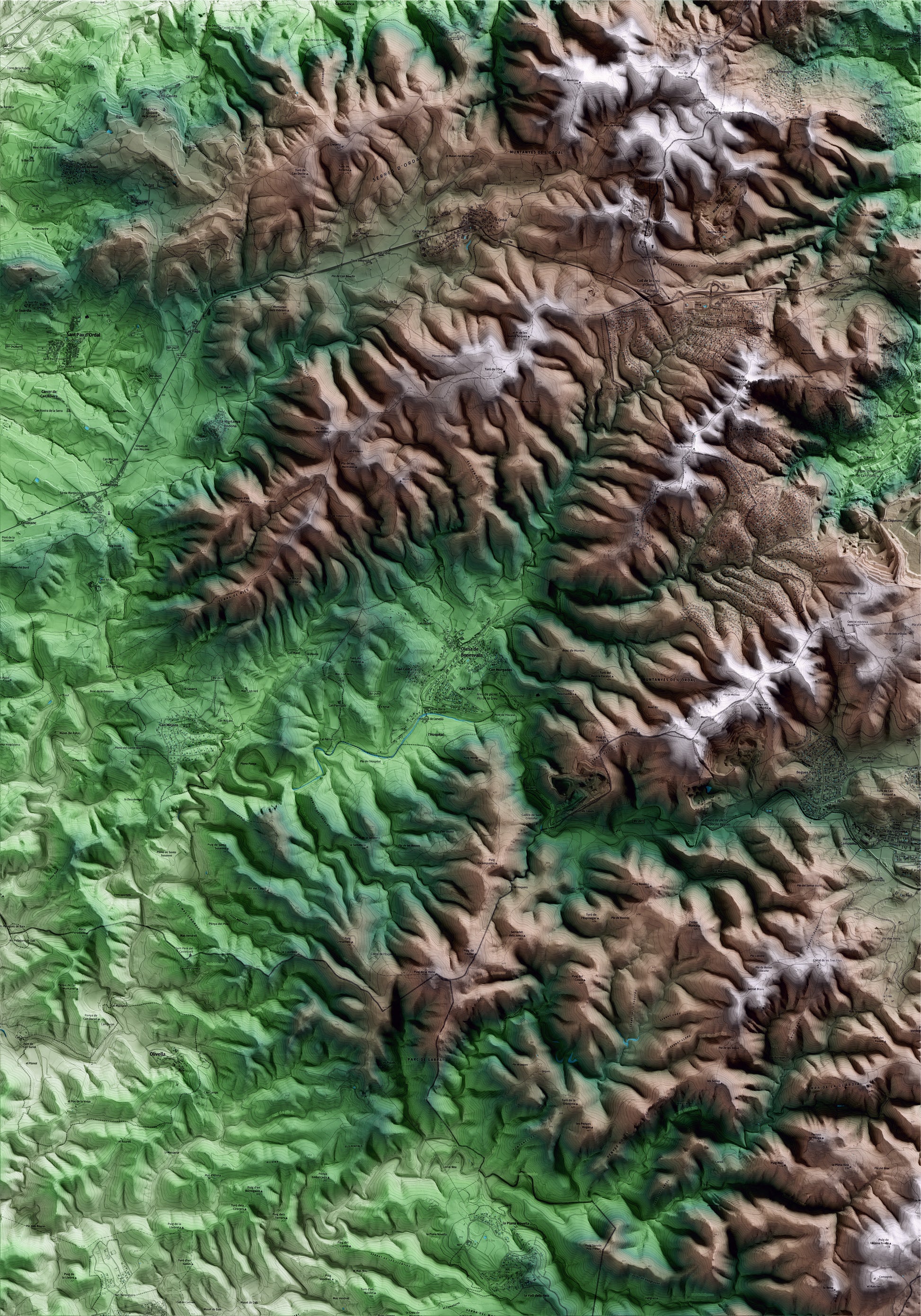 Mapa artístico del relieve de Olesa de Bonesvalls, al Alt Penedès, con 15 km de entorno y base topográfica ICGC