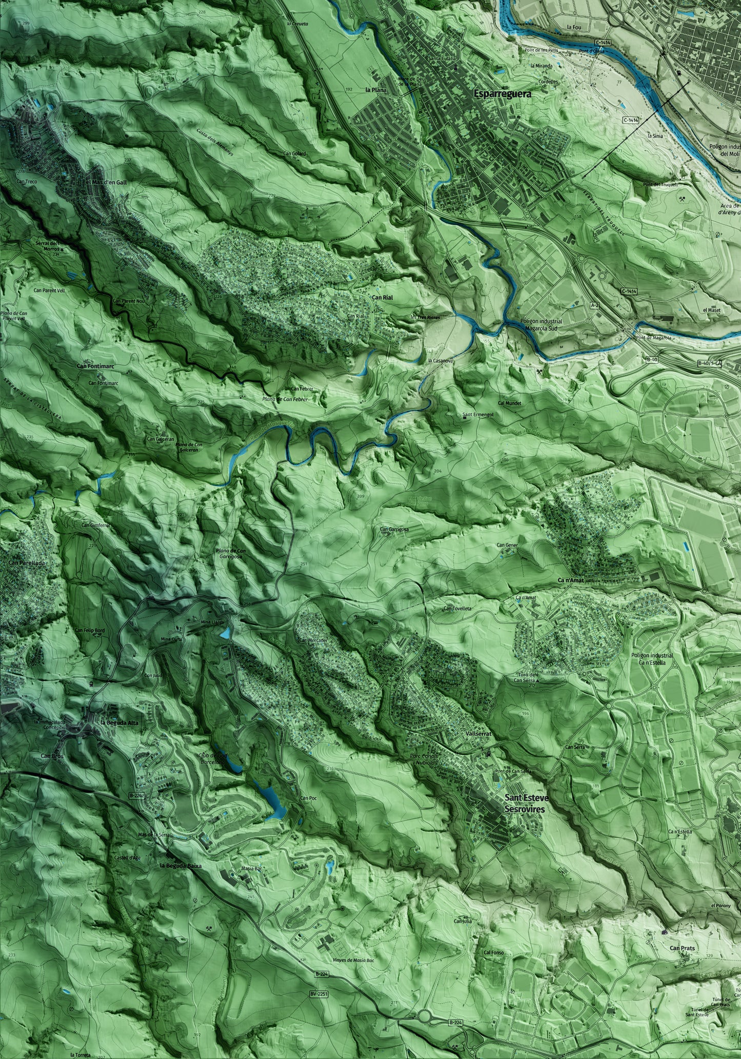 Mapa artístico del relieve de Olesa de Montserrat, al Baix Llobregat, con 15 km de entorno y base topográfica ICGC. Detalle de la zona inferior izquierda.