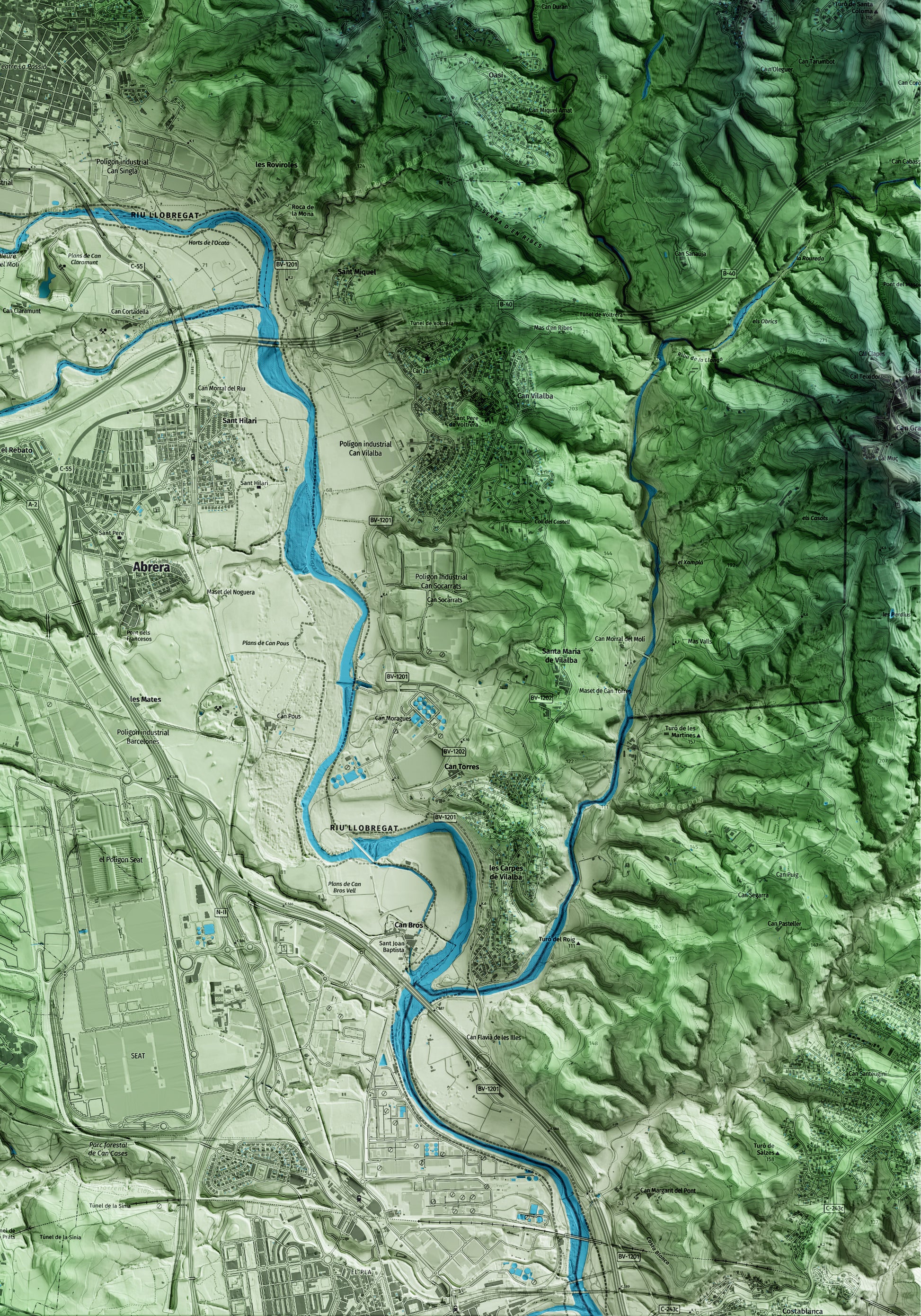 Mapa artístico del relieve de Olesa de Montserrat, al Baix Llobregat, con 15 km de entorno y base topográfica ICGC. Detalle de la zona inferior derecha.