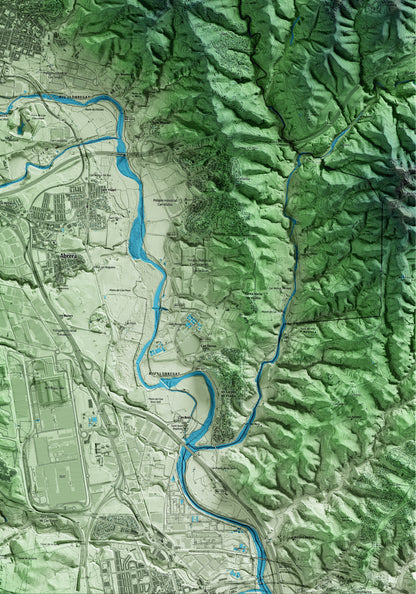 Mapa artístico del relieve de Olesa de Montserrat, al Baix Llobregat, con 15 km de entorno y base topográfica ICGC. Detalle de la zona inferior derecha.