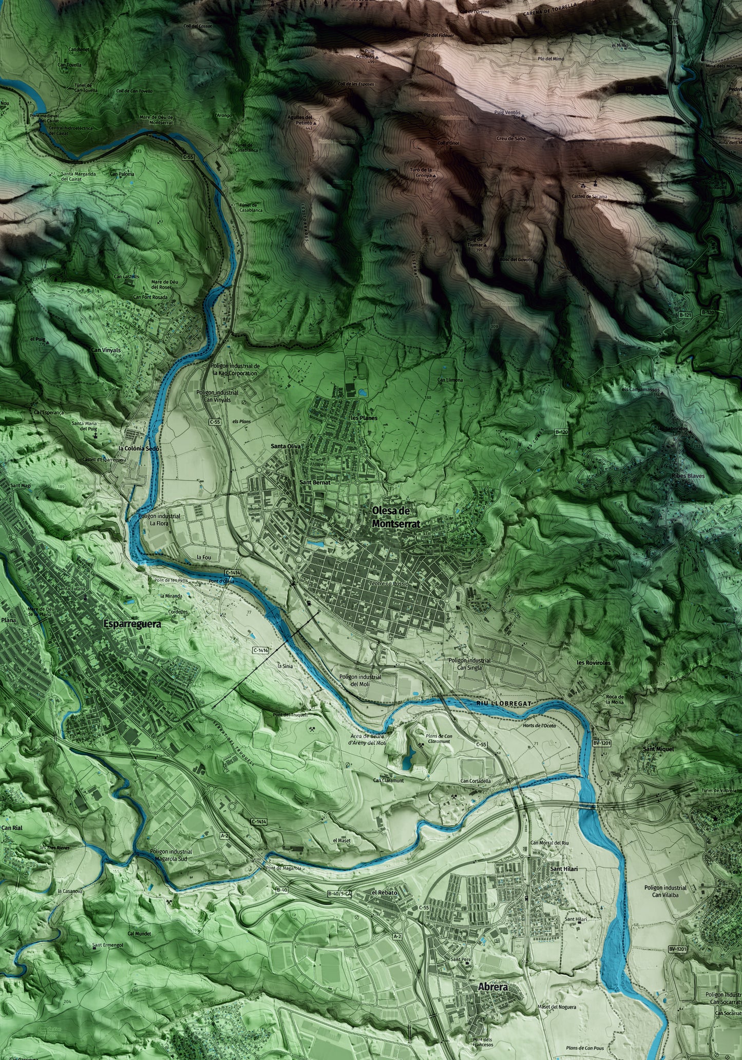 Mapa artístico del relieve de Olesa de Montserrat, al Baix Llobregat, con 15 km de entorno y base topográfica ICGC. Detalle de la zona central.