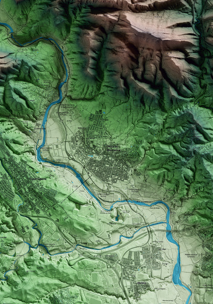 Mapa artístico del relieve de Olesa de Montserrat, al Baix Llobregat, con 15 km de entorno y base topográfica ICGC. Detalle de la zona central.