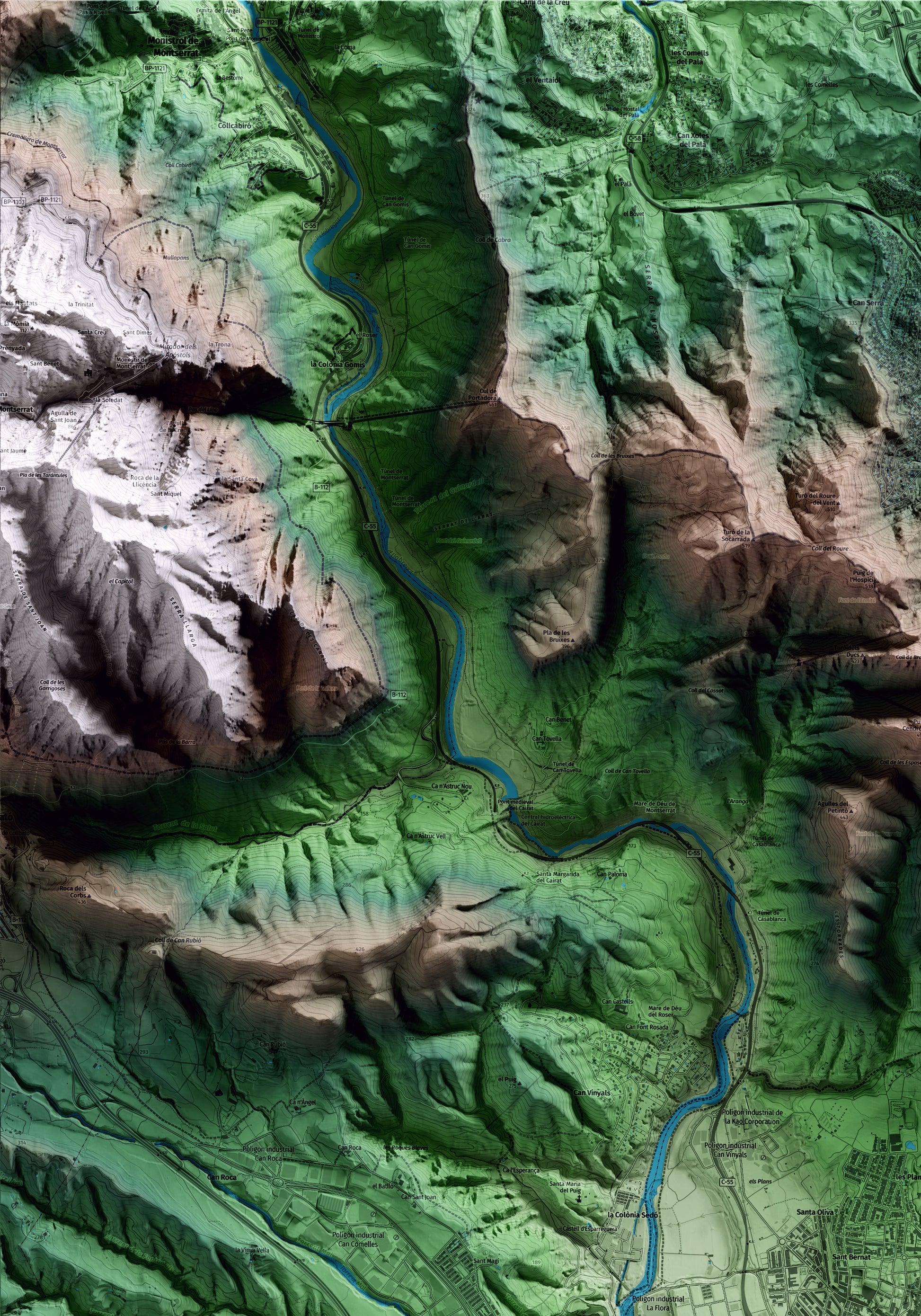 Mapa artístico del relieve de Olesa de Montserrat, al Baix Llobregat, con 15 km de entorno y base topográfica ICGC. Detalle de la zona superior izquierda.