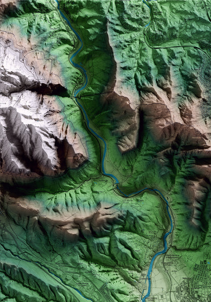 Mapa artístico del relieve de Olesa de Montserrat, al Baix Llobregat, con 15 km de entorno y base topográfica ICGC. Detalle de la zona superior izquierda.
