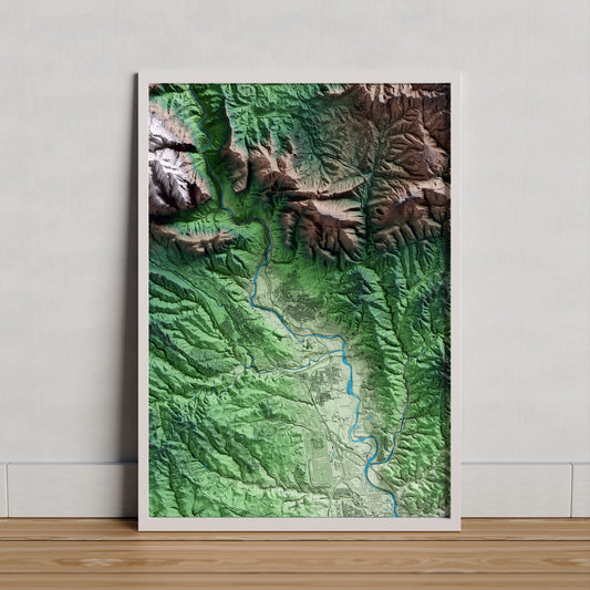 Mapa artístico del relieve de Olesa de Montserrat, al Baix Llobregat, con 15 km de entorno y base topográfica ICGC. Presentación enmarcada.