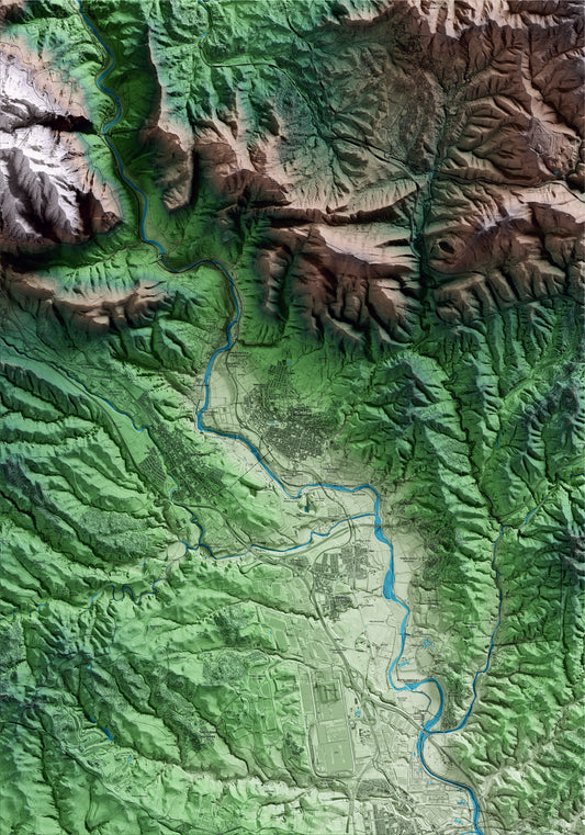 Mapa artístico del relieve de Olesa de Montserrat, al Baix Llobregat, con 15 km de entorno y base topográfica ICGC