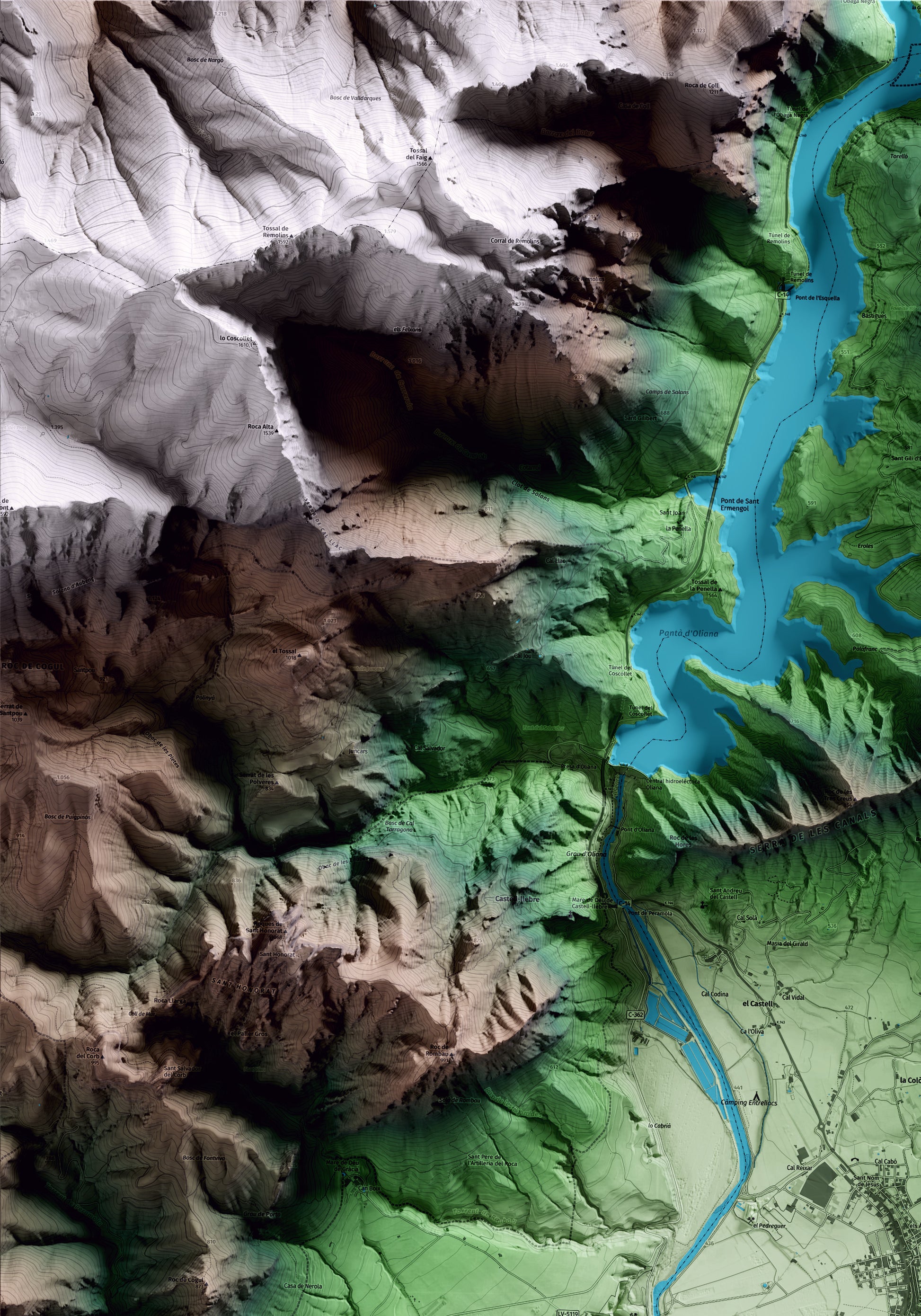 Mapa artístico del relieve de Oliana, al Alt Urgell, con 15 km de entorno y base topográfica ICGC. Detalle de la zona superior izquierda.