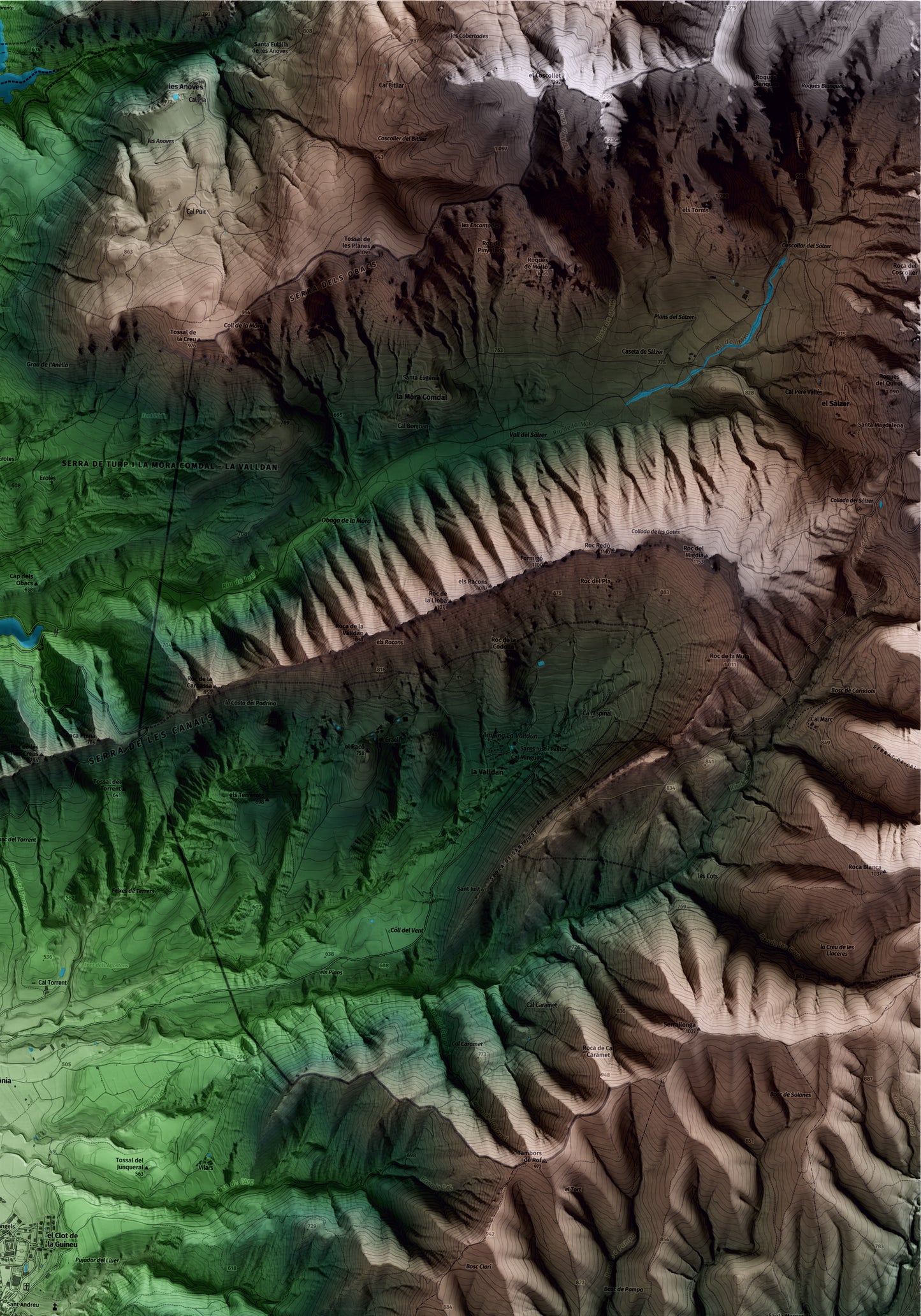 Mapa artístico del relieve de Oliana, al Alt Urgell, con 15 km de entorno y base topográfica ICGC. Detalle de la zona superior derecha.