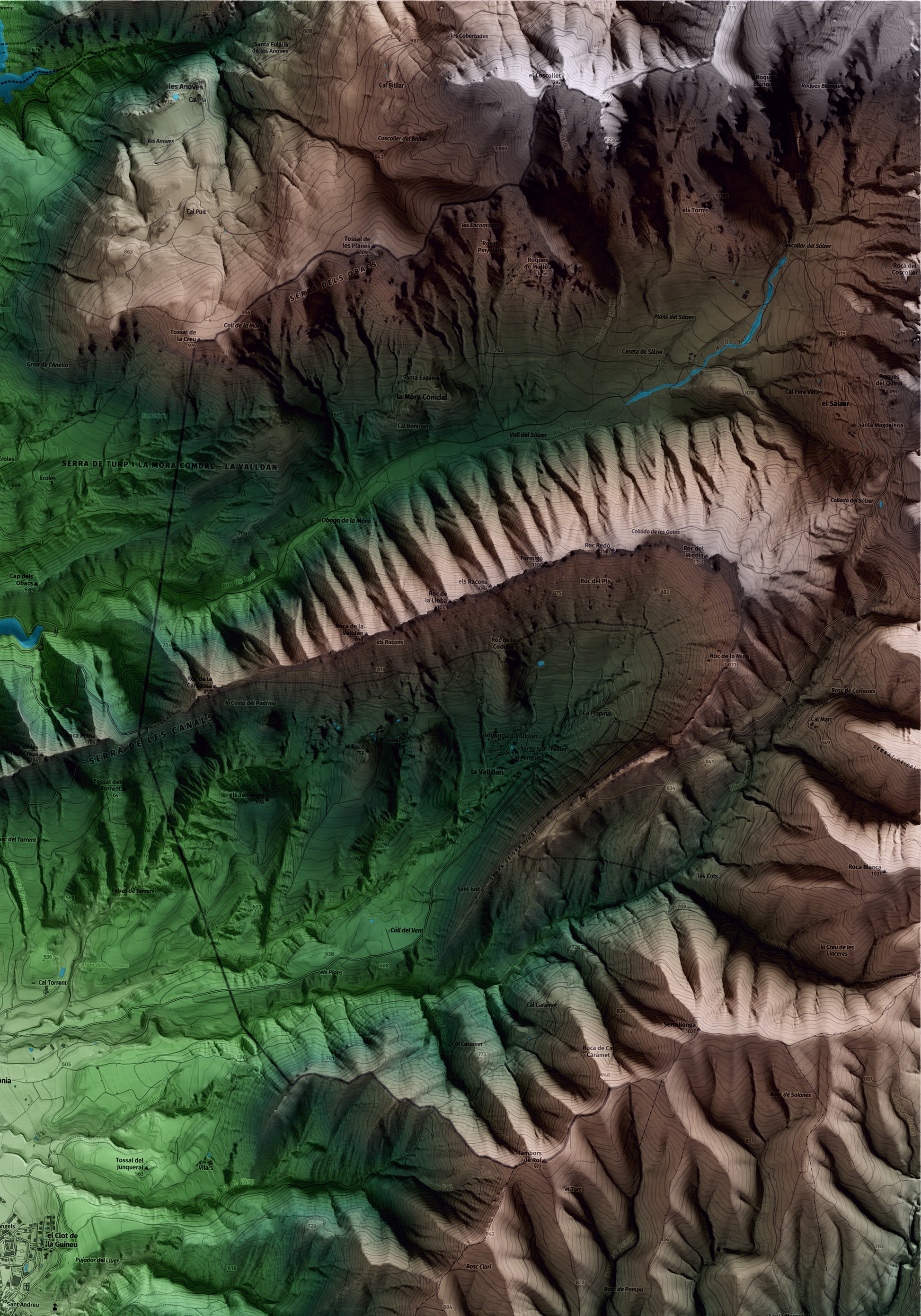 Mapa artístico del relieve de Oliana, al Alt Urgell, con 15 km de entorno y base topográfica ICGC. Detalle de la zona superior derecha.