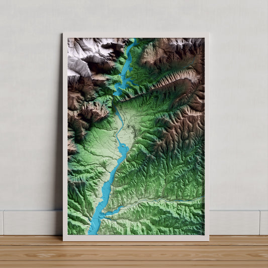 Mapa artístico del relieve de Oliana, al Alt Urgell, con 15 km de entorno y base topográfica ICGC. Presentación enmarcada.