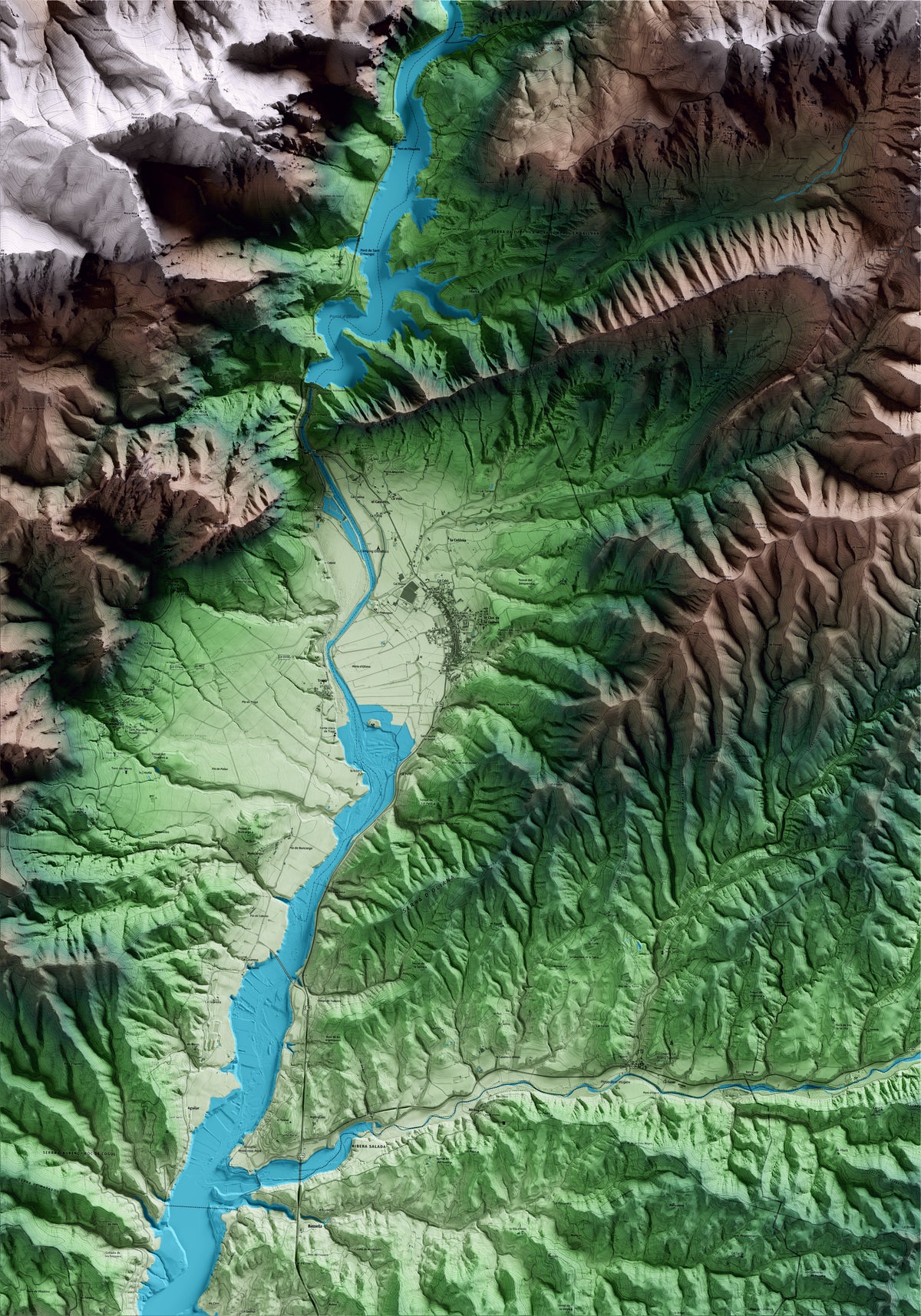 Mapa artístico del relieve de Oliana, al Alt Urgell, con 15 km de entorno y base topográfica ICGC