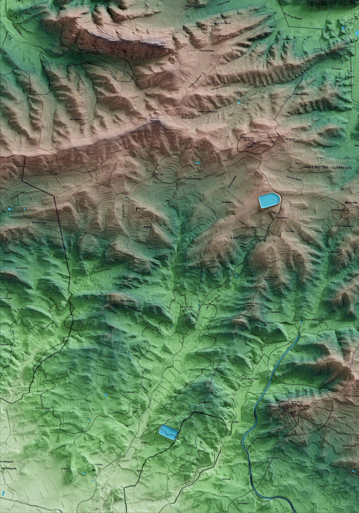Mapa artístico del relieve de Oliola, a la Noguera, con 15 km de entorno y base topográfica ICGC. Detalle de la zona inferior izquierda.
