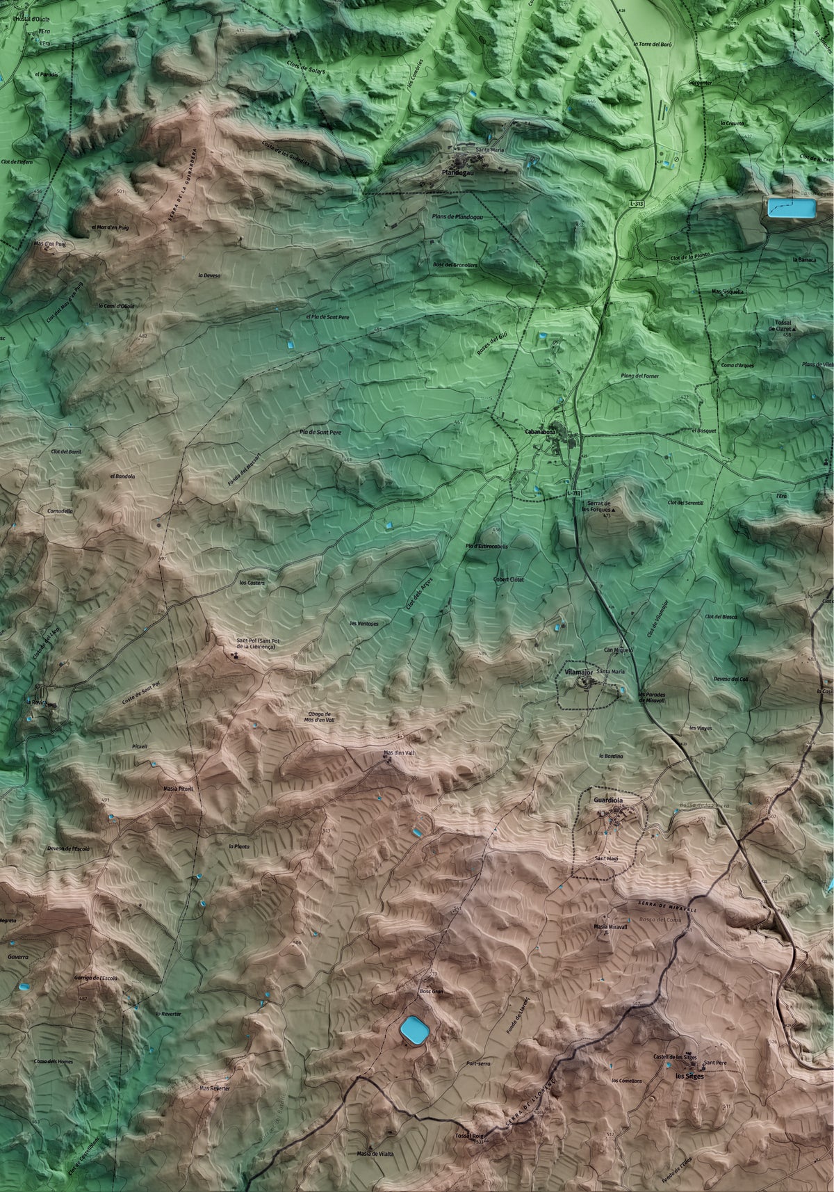 Mapa artístico del relieve de Oliola, a la Noguera, con 15 km de entorno y base topográfica ICGC. Detalle de la zona inferior derecha.