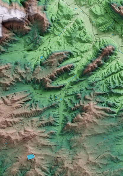 Mapa artístico del relieve de Oliola, a la Noguera, con 15 km de entorno y base topográfica ICGC. Detalle de la zona central.