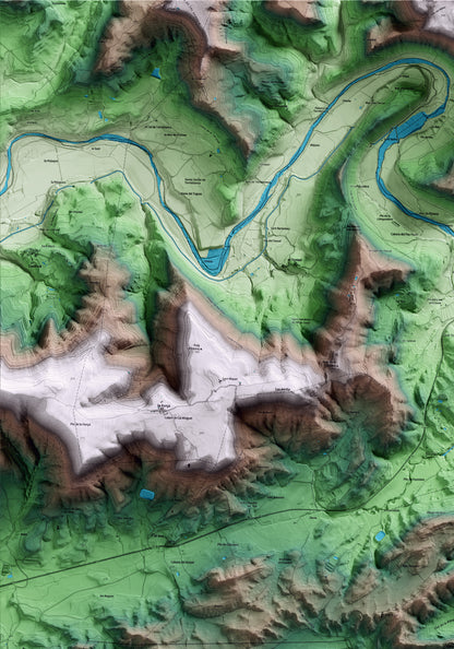 Mapa artístico del relieve de Oliola, a la Noguera, con 15 km de entorno y base topográfica ICGC. Detalle de la zona superior izquierda.