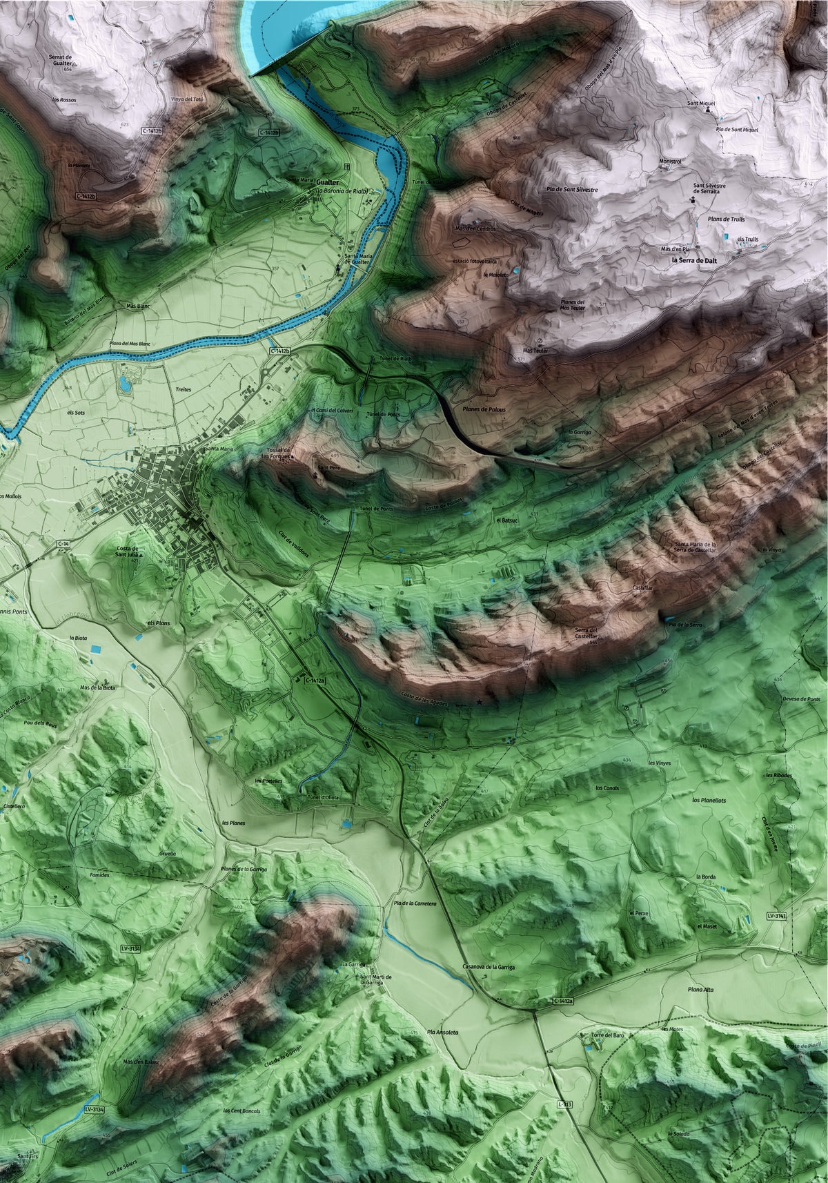 Mapa artístico del relieve de Oliola, a la Noguera, con 15 km de entorno y base topográfica ICGC. Detalle de la zona superior derecha.