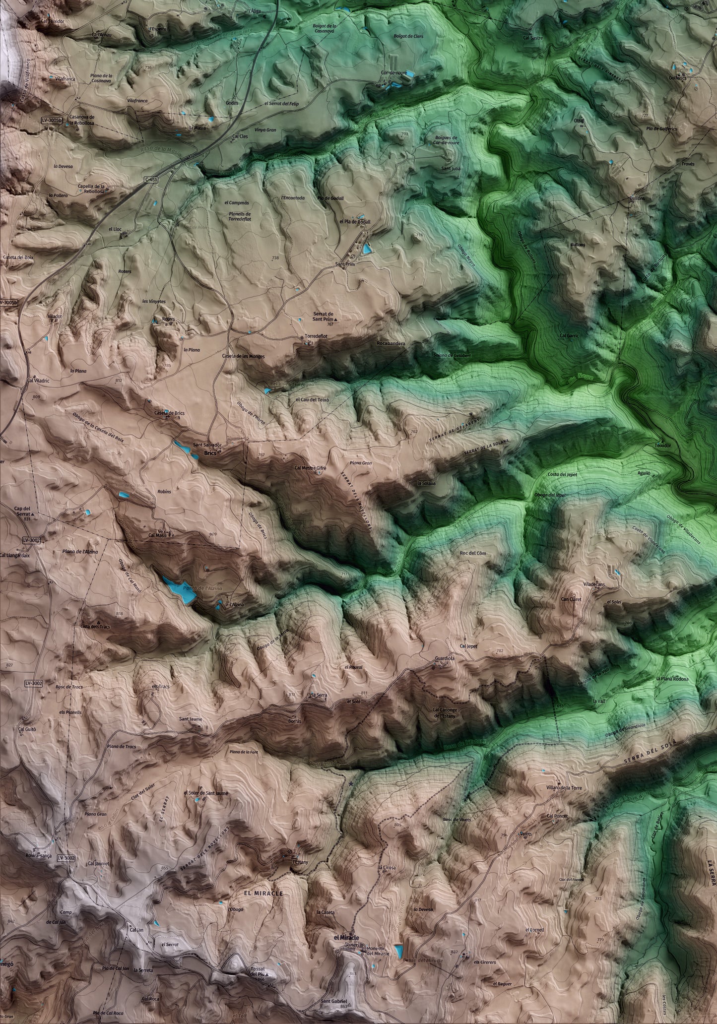 Mapa artístico del relieve de Olius, al Solsonès, con 15 km de entorno y base topográfica ICGC. Detalle de la zona inferior izquierda.