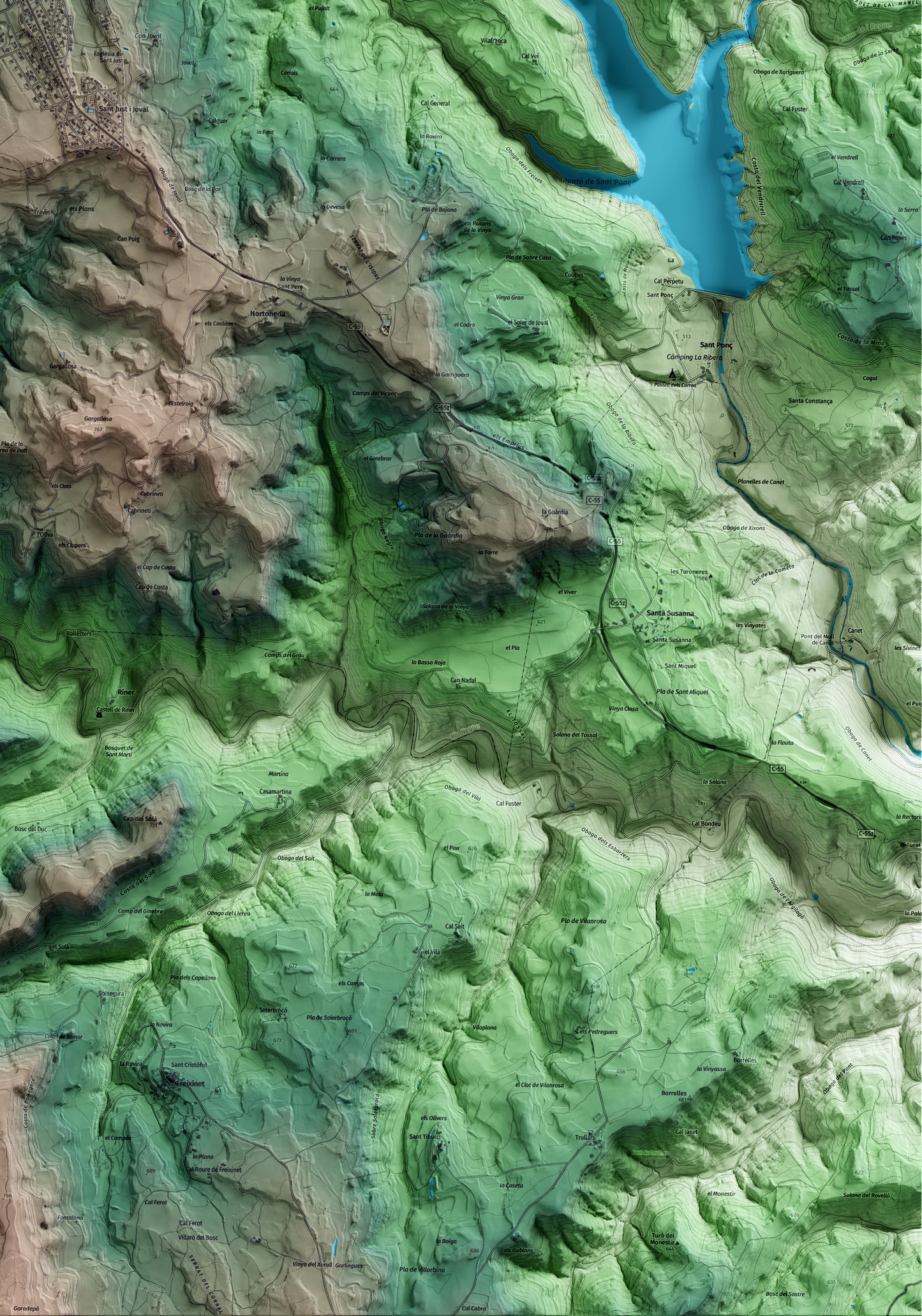 Mapa artístico del relieve de Olius, al Solsonès, con 15 km de entorno y base topográfica ICGC. Detalle de la zona inferior derecha.
