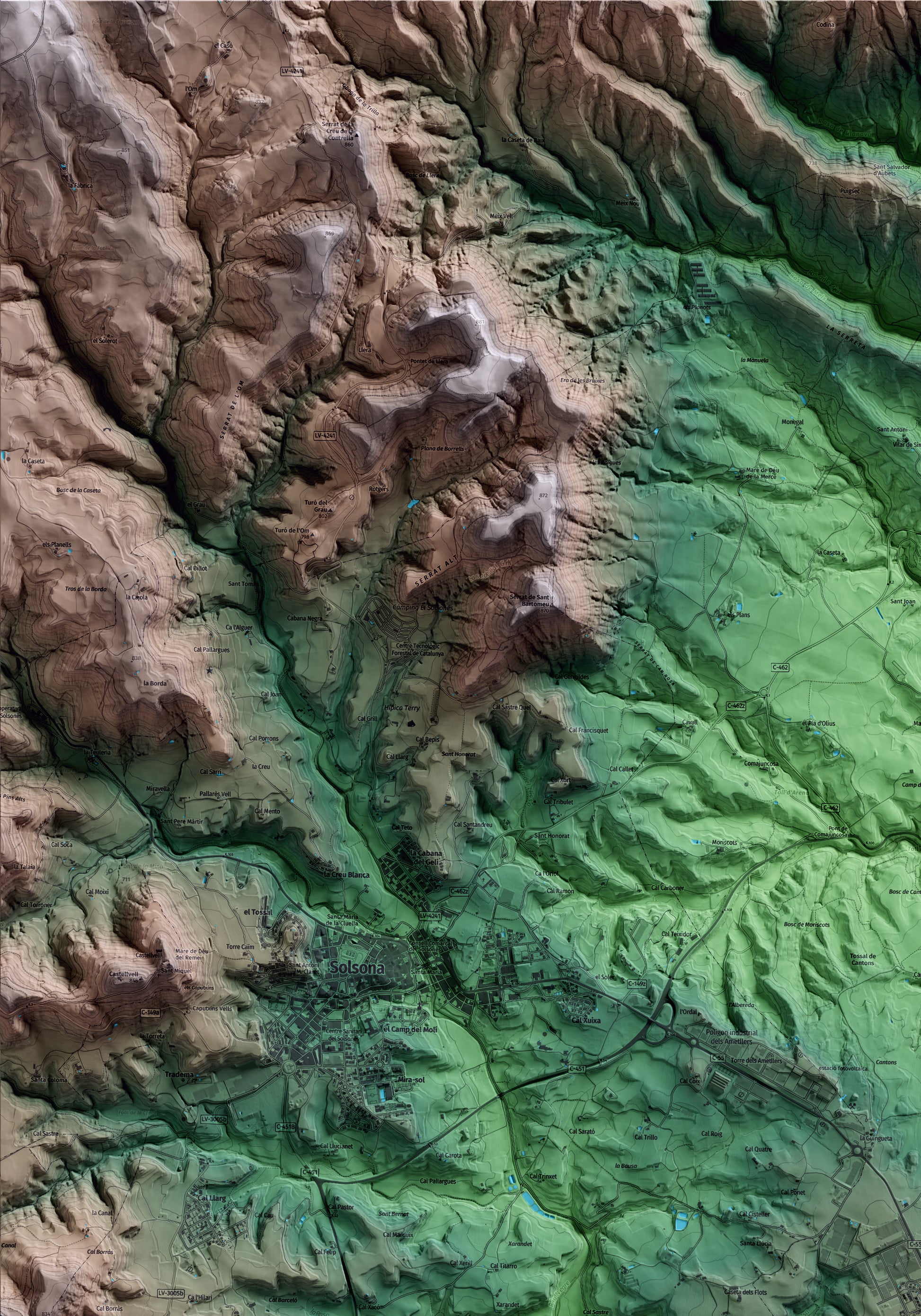 Mapa artístico del relieve de Olius, al Solsonès, con 15 km de entorno y base topográfica ICGC. Detalle de la zona superior izquierda.