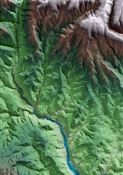 Mapa artístico del relieve de Olius, al Solsonès, con 15 km de entorno y base topográfica ICGC. Detalle de la zona superior derecha.