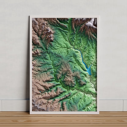 Mapa artístico del relieve de Olius, al Solsonès, con 15 km de entorno y base topográfica ICGC. Presentación enmarcada.
