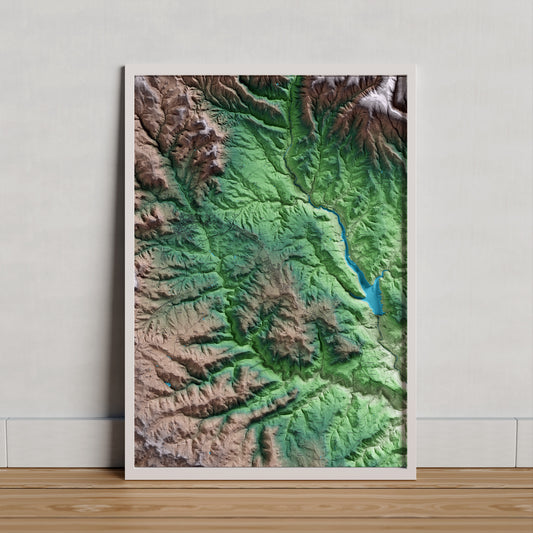 Mapa artístico del relieve de Olius, al Solsonès, con 15 km de entorno y base topográfica ICGC. Presentación enmarcada.