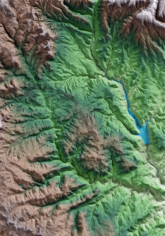 Mapa artístico del relieve de Olius, al Solsonès, con 15 km de entorno y base topográfica ICGC