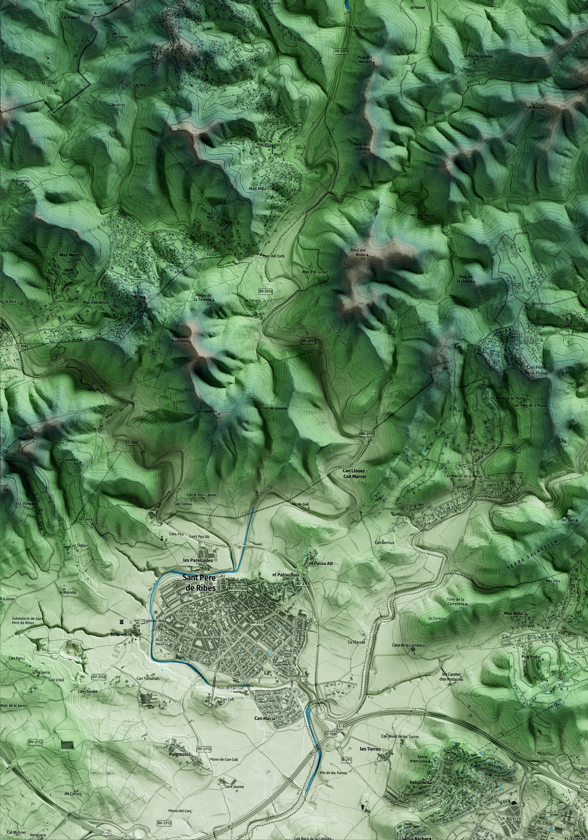 Mapa artístico del relieve de Olivella, al Garraf, con 15 km de entorno y base topográfica ICGC. Detalle de la zona inferior izquierda.