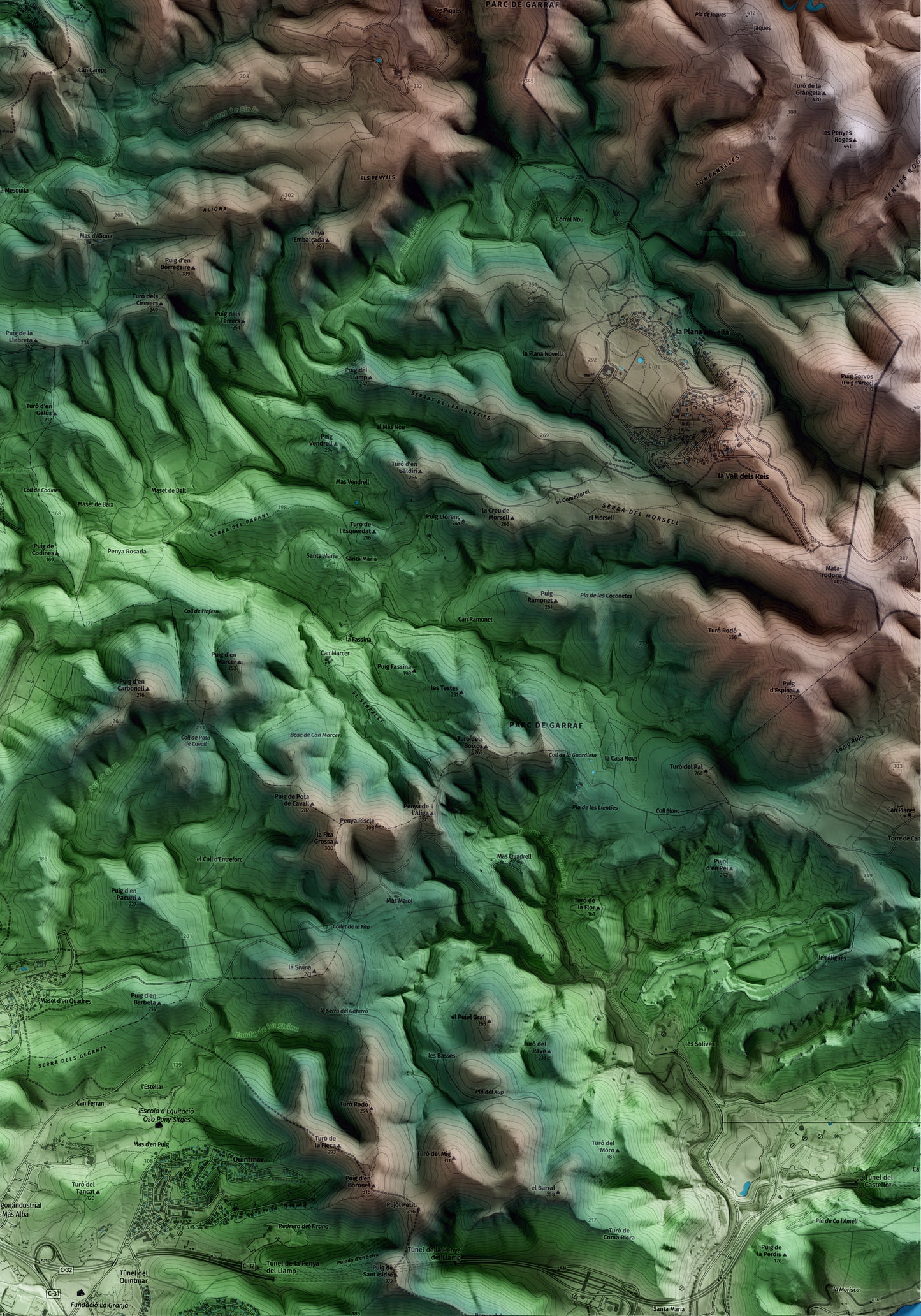 Mapa artístico del relieve de Olivella, al Garraf, con 15 km de entorno y base topográfica ICGC. Detalle de la zona inferior derecha.