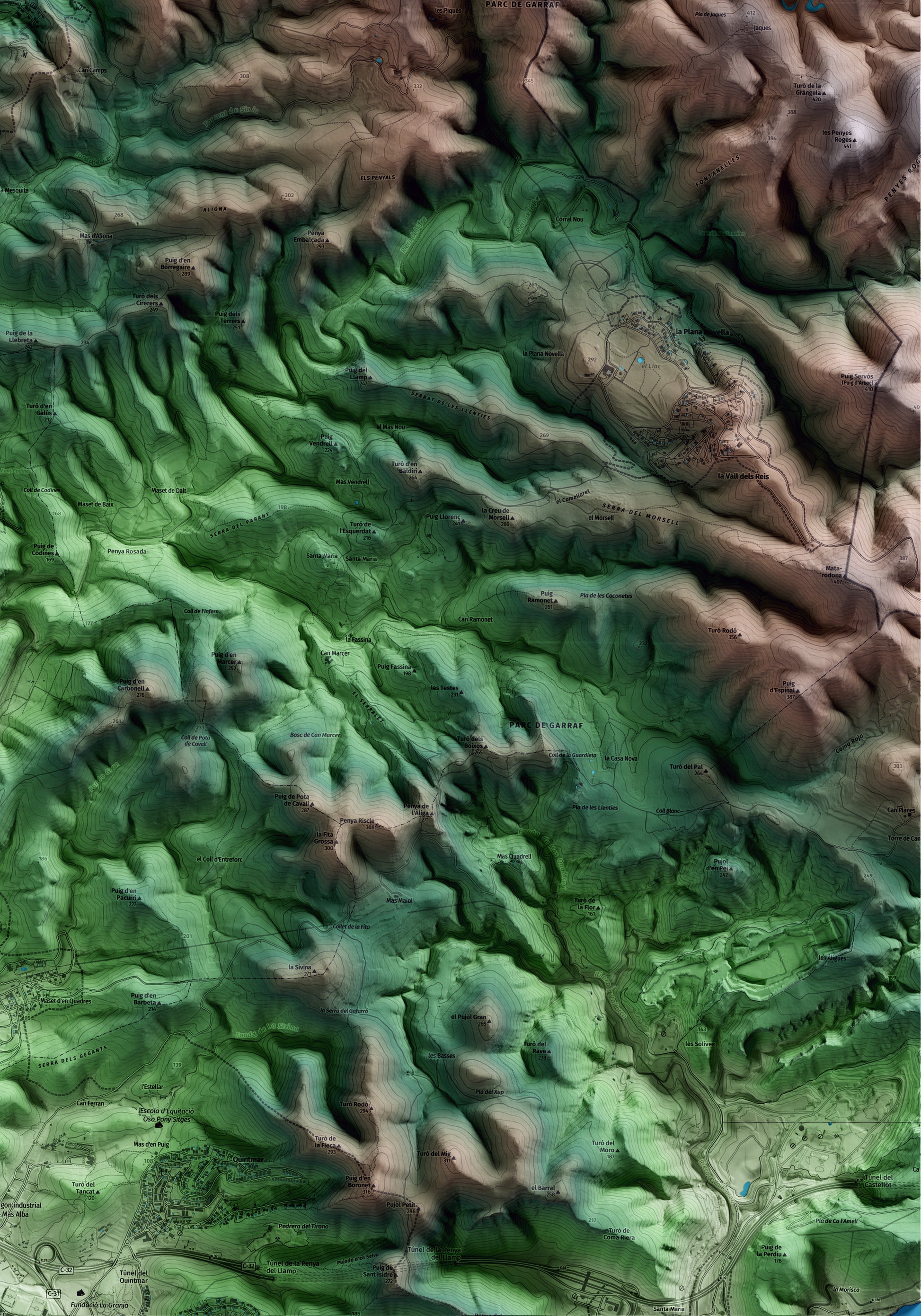 Mapa artístico del relieve de Olivella, al Garraf, con 15 km de entorno y base topográfica ICGC. Detalle de la zona inferior derecha.