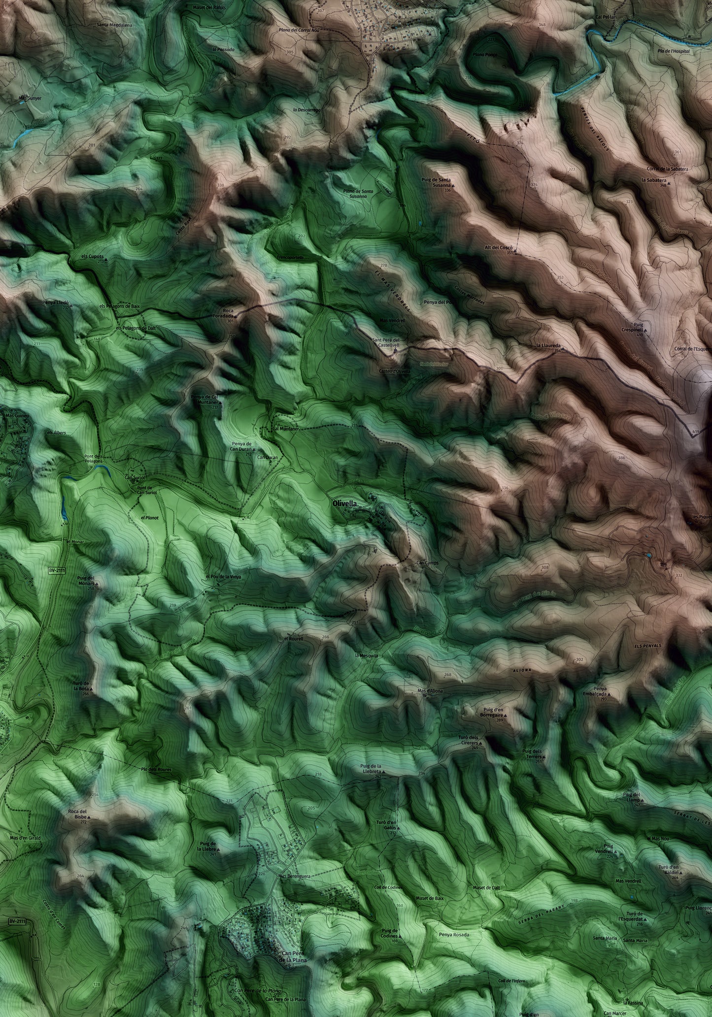 Mapa artístico del relieve de Olivella, al Garraf, con 15 km de entorno y base topográfica ICGC. Detalle de la zona central.