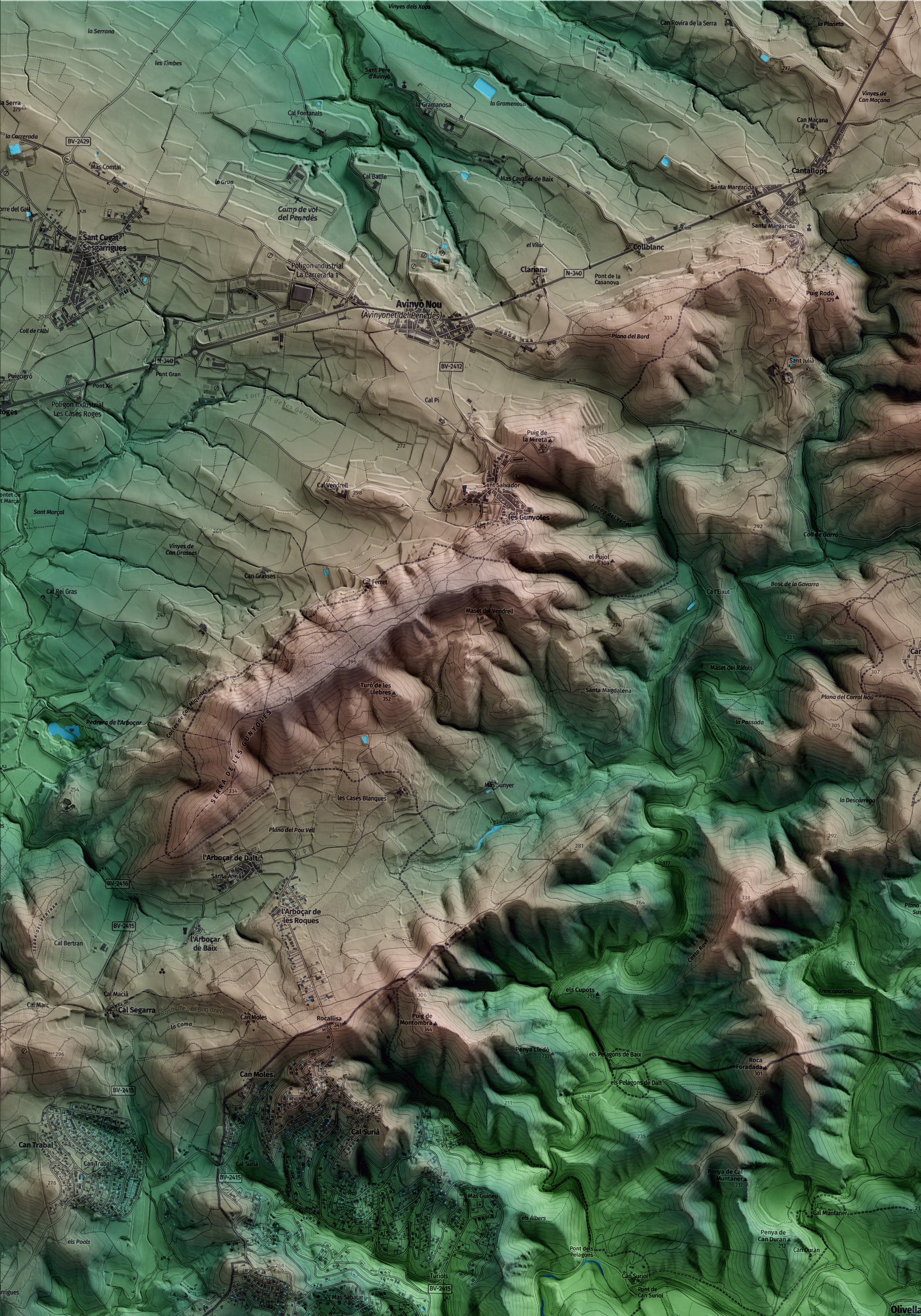Mapa artístico del relieve de Olivella, al Garraf, con 15 km de entorno y base topográfica ICGC. Detalle de la zona superior izquierda.