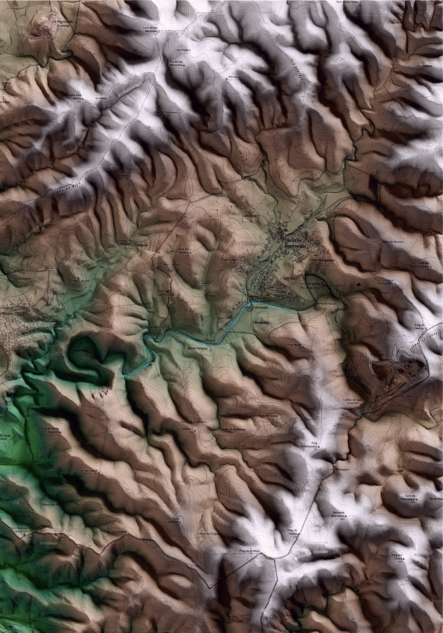 Mapa artístico del relieve de Olivella, al Garraf, con 15 km de entorno y base topográfica ICGC. Detalle de la zona superior derecha.