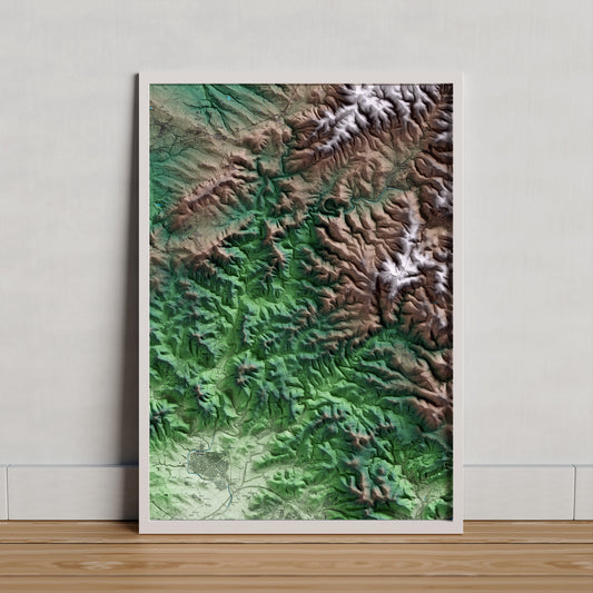 Mapa artístico del relieve de Olivella, al Garraf, con 15 km de entorno y base topográfica ICGC. Presentación enmarcada.